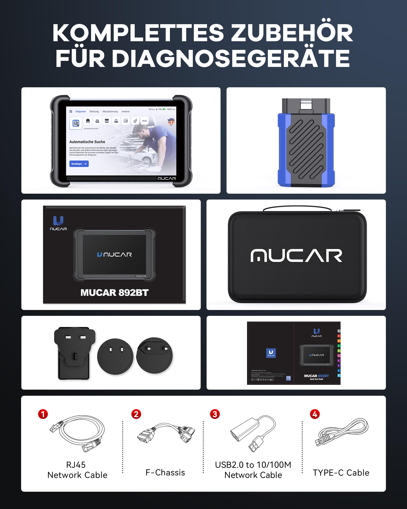 mucar AI-OBD2 Diagnosegeräte, 892BT Diagnosegerät Auto Mit 34 Reset-Funktion Und Volle Systemdiagnose, Auto Diagnosegerät Für ECU-Kodierung/BI Direktionale Steuerung, Kostenlose Lebenslange Updates