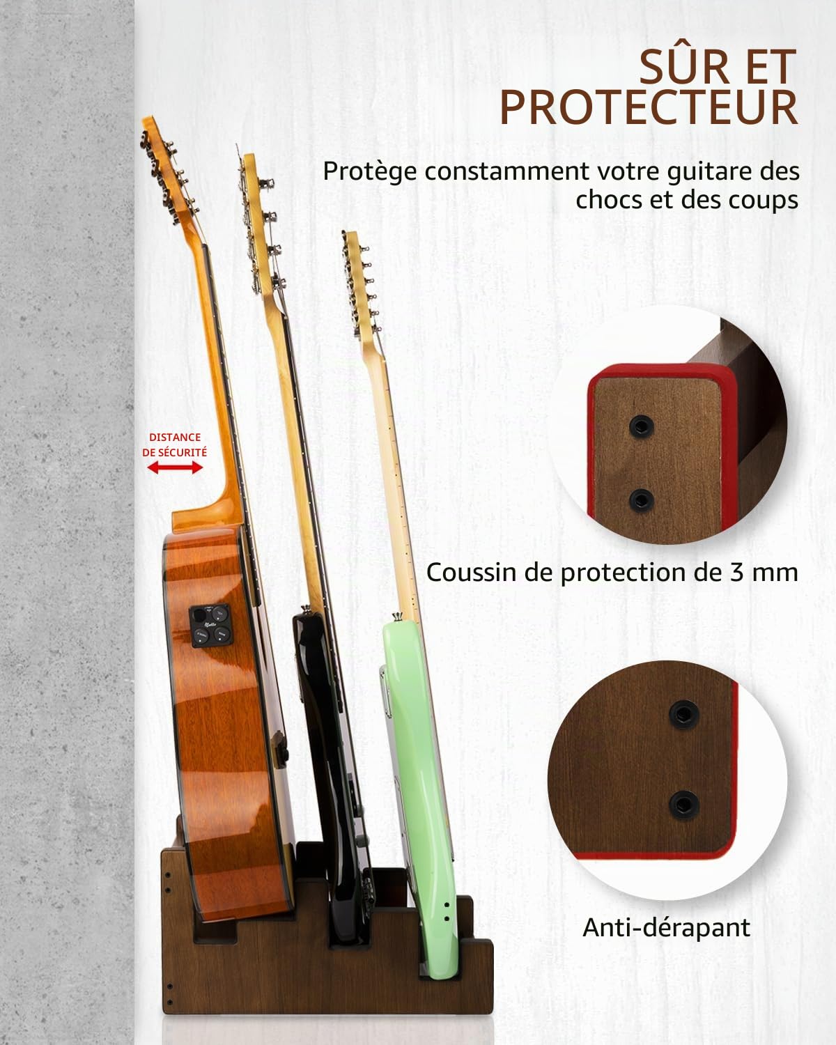 STRICH L-2E1AW Support de guitare en bois pour plusieurs guitares, 3 supports, affichage frontal, gain de place, pour la maison, le studio, la scène, couleur noyer, L-2E1AW (pour 2 guitares
