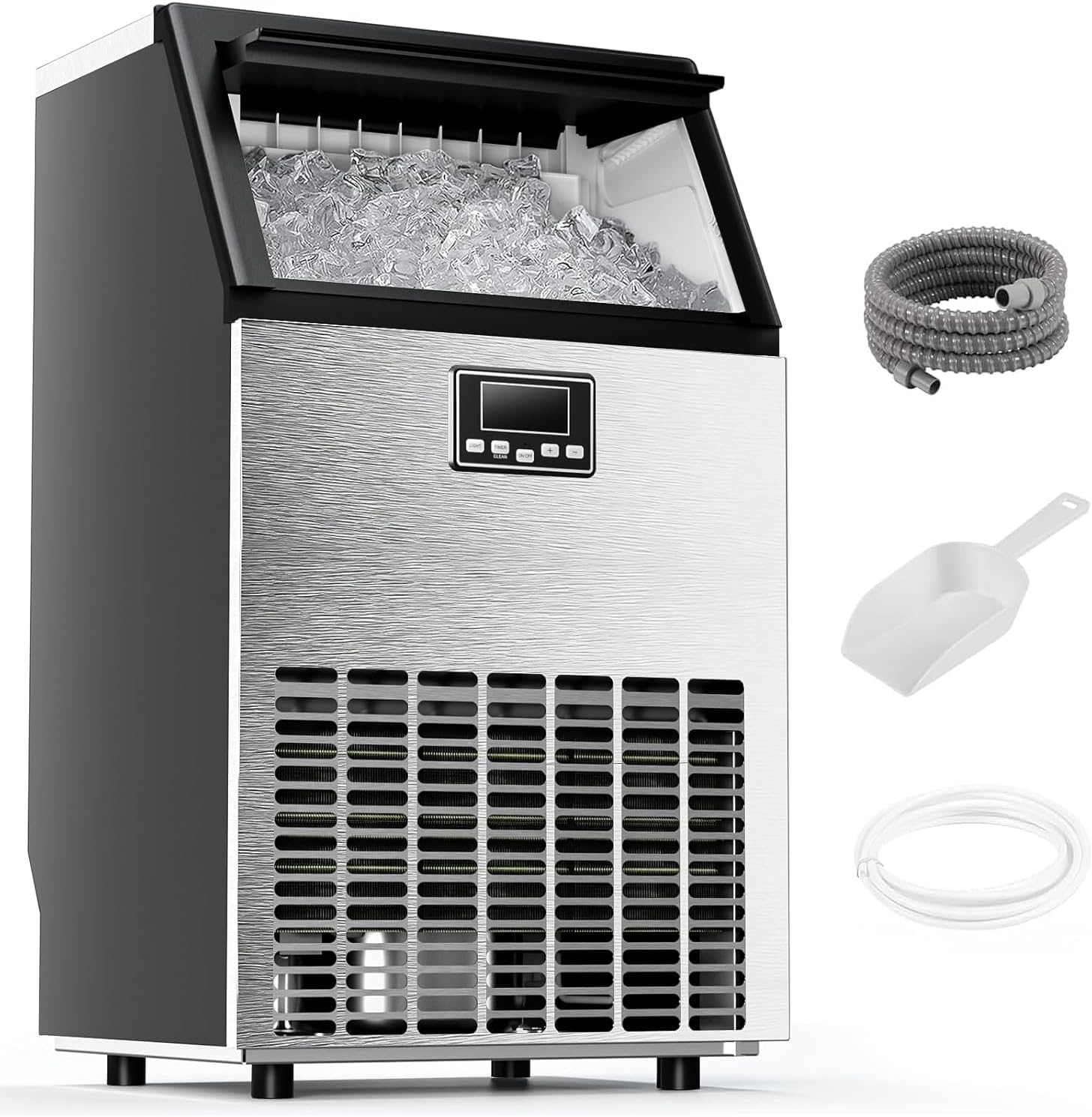Commercial Ice Maker Machine, Ice Makers Stainless Steel Under Counter Ice Machine 120 Lbs/24H with 26.5 Pounds, 64 Ice Cubes in 12 Mins, Stainless Steel Freestanding Kitchen Ice Machines
