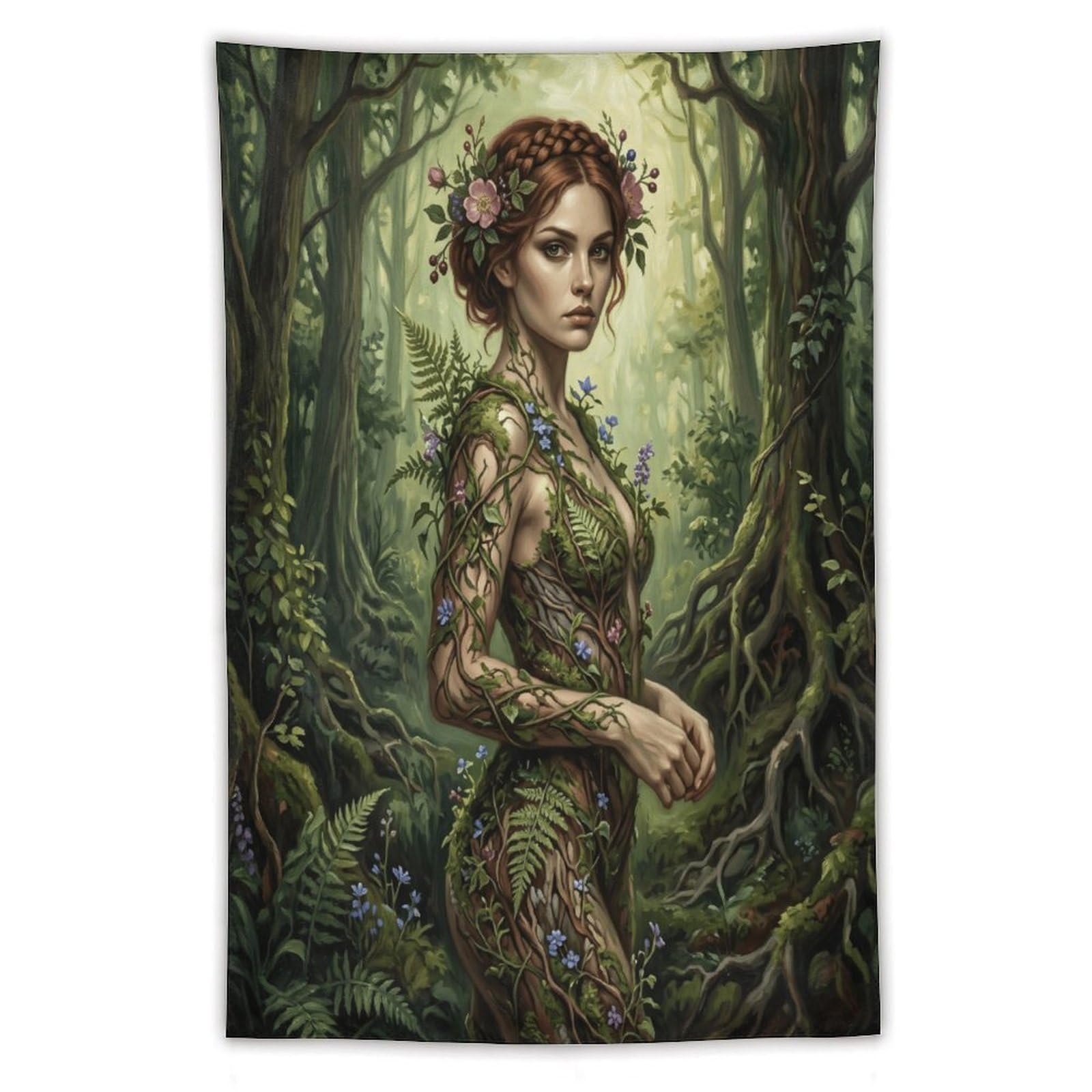 H3B8U2Y5 Green Forest Goddess Wall Tapestry, Enchanted Woodland