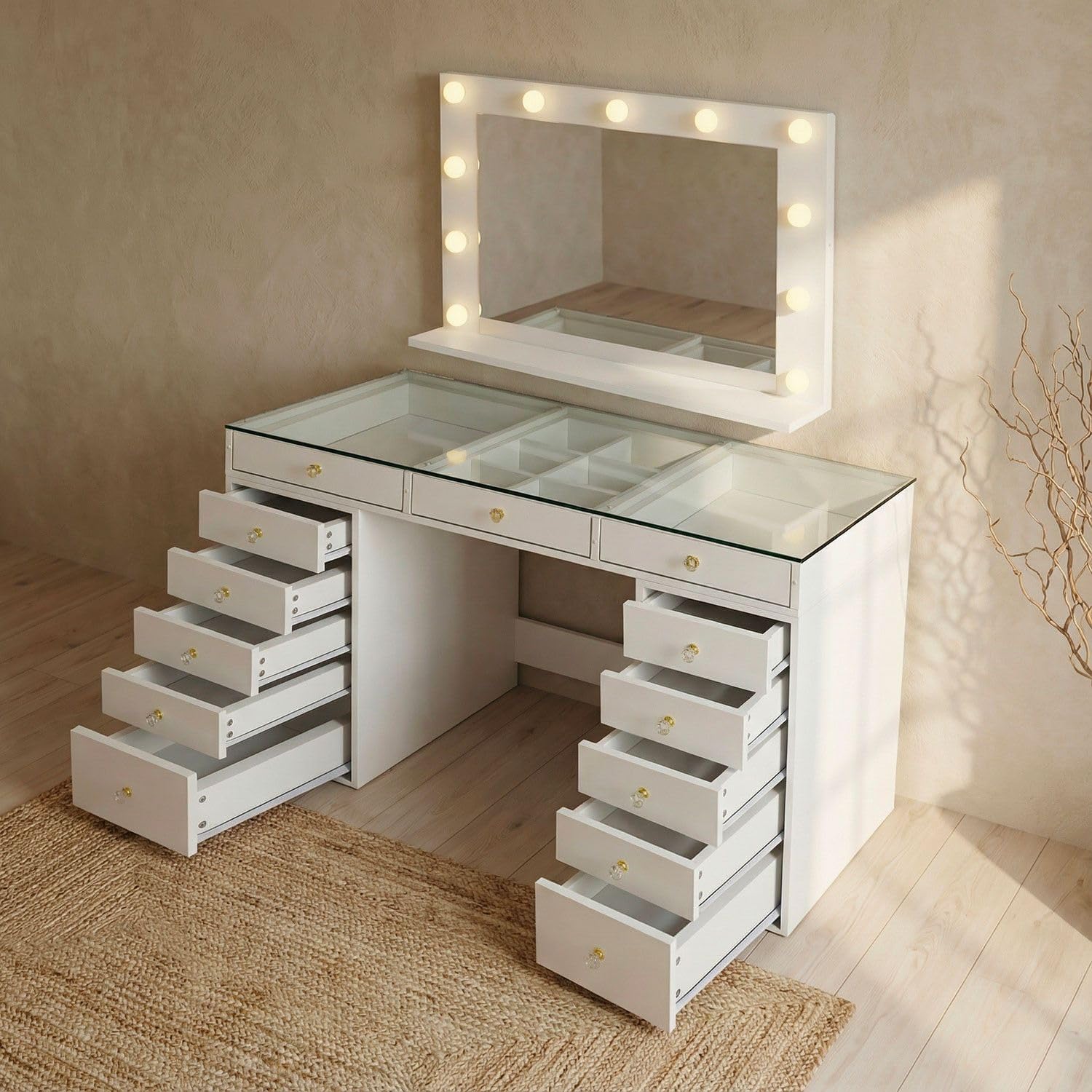 Menzzo Coiffeuse Probeauty 120 cm avec Miroir LED Lumineux – 13 tiroirs – Plateau en Verre – Table de Maquillage Design Moderne avec Grand Rangement – Meuble Coiffeuse Blanc
