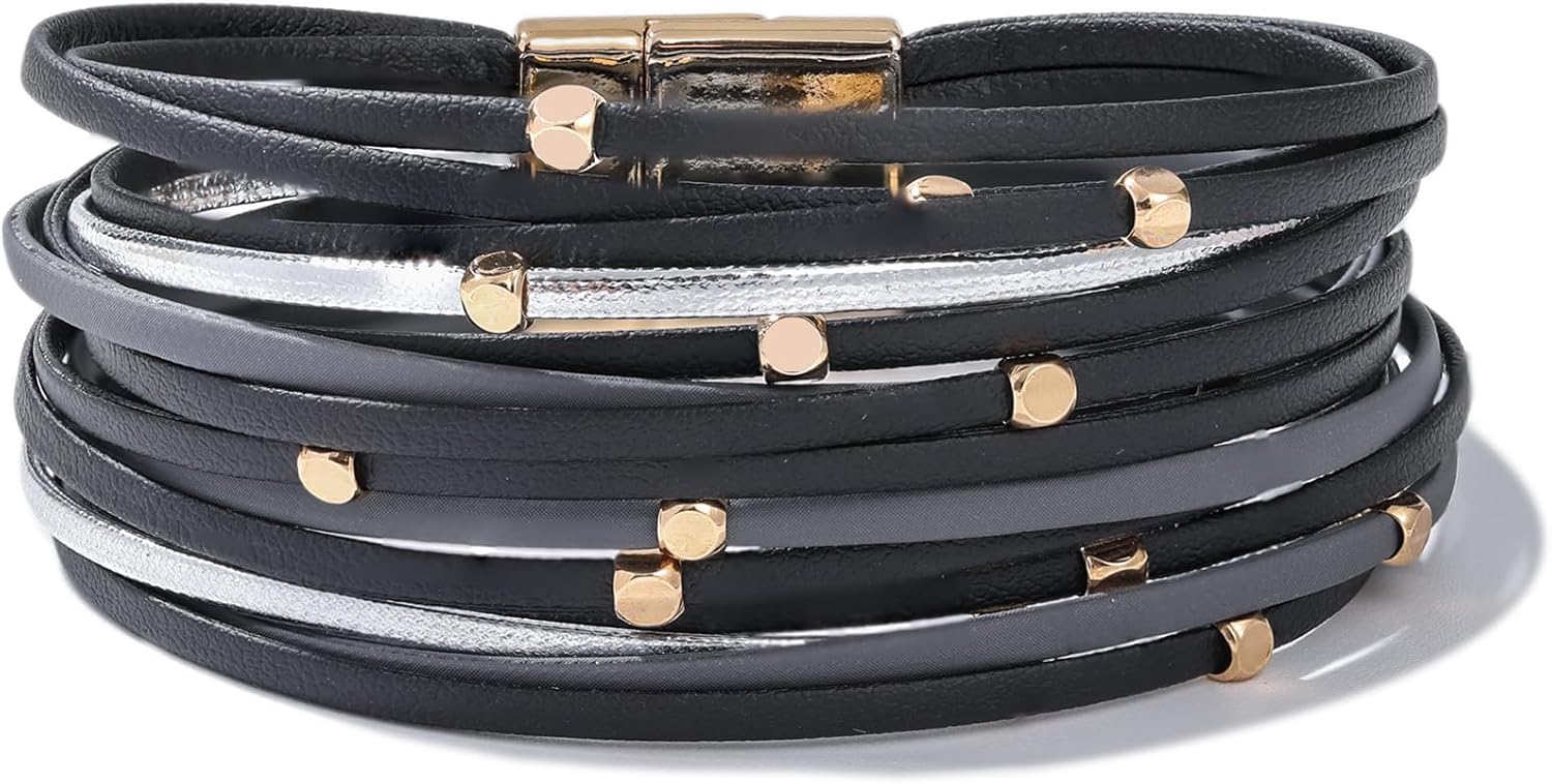 FANCY SHINY Beaded Leather Wrap Bracelets Cute Boho Stackable Bangle Cuff with Magnetic Clasp