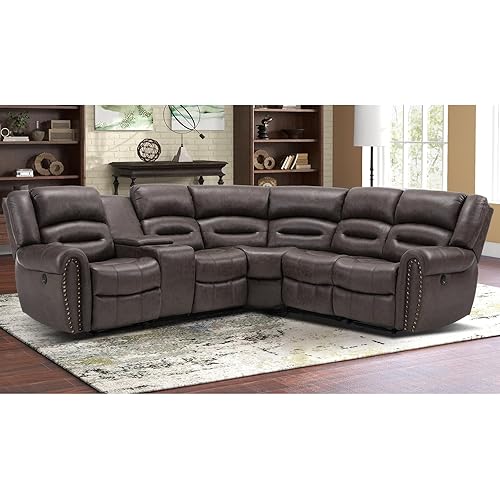 EBELLO L-Shaped Power Reclining Sectional Couches for Living Room, Faux Leather Recliner Sofa Set Corner Sectional Couch Home Furniture Set, with Storage Console and Cup Holders, USB Port, Dark Brown
