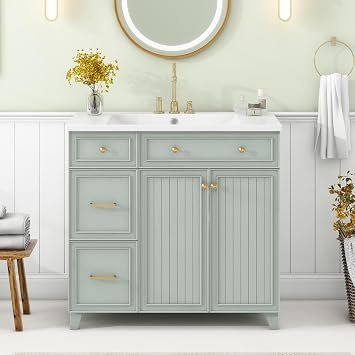 36-inch Bathroom Vanity, Transitional Style Bathroom Cabinet with Resin Sink, Navy Blue Single Bathroom Cabinet with 2 Drawers and 1 Adjustable Storage Shelf, 2 Soft-Close Doors Gree-WD75