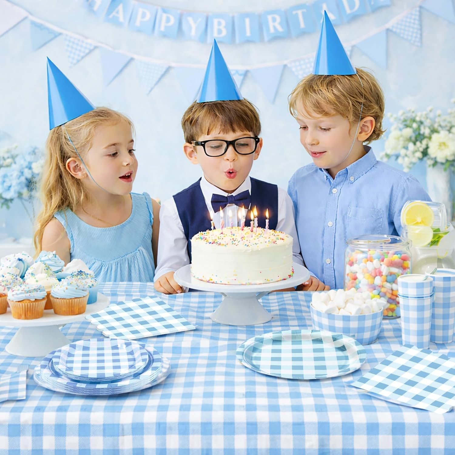 150PCS Blue Gingham Party Supplies – Baby Boy Shower Plates and Napkins Set for 50 Guests, Checkered Disposable Tableware Party Decorations for Birthday, Picnic & Family Gatherings