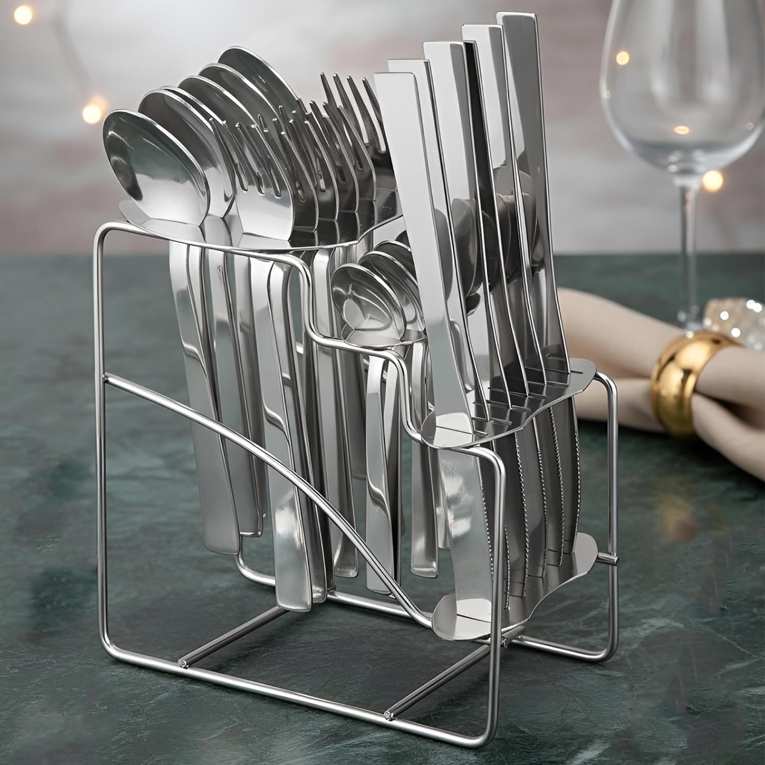 Stainless Steel Cutlery Set - Set of 25 (Contains: 6 Table Spoons, 6 Tea Spoons, 6 Forks, 6 Knives, 1 Stand), Spoon Set, Cutlery Set for Dining Table Stylish, Silver