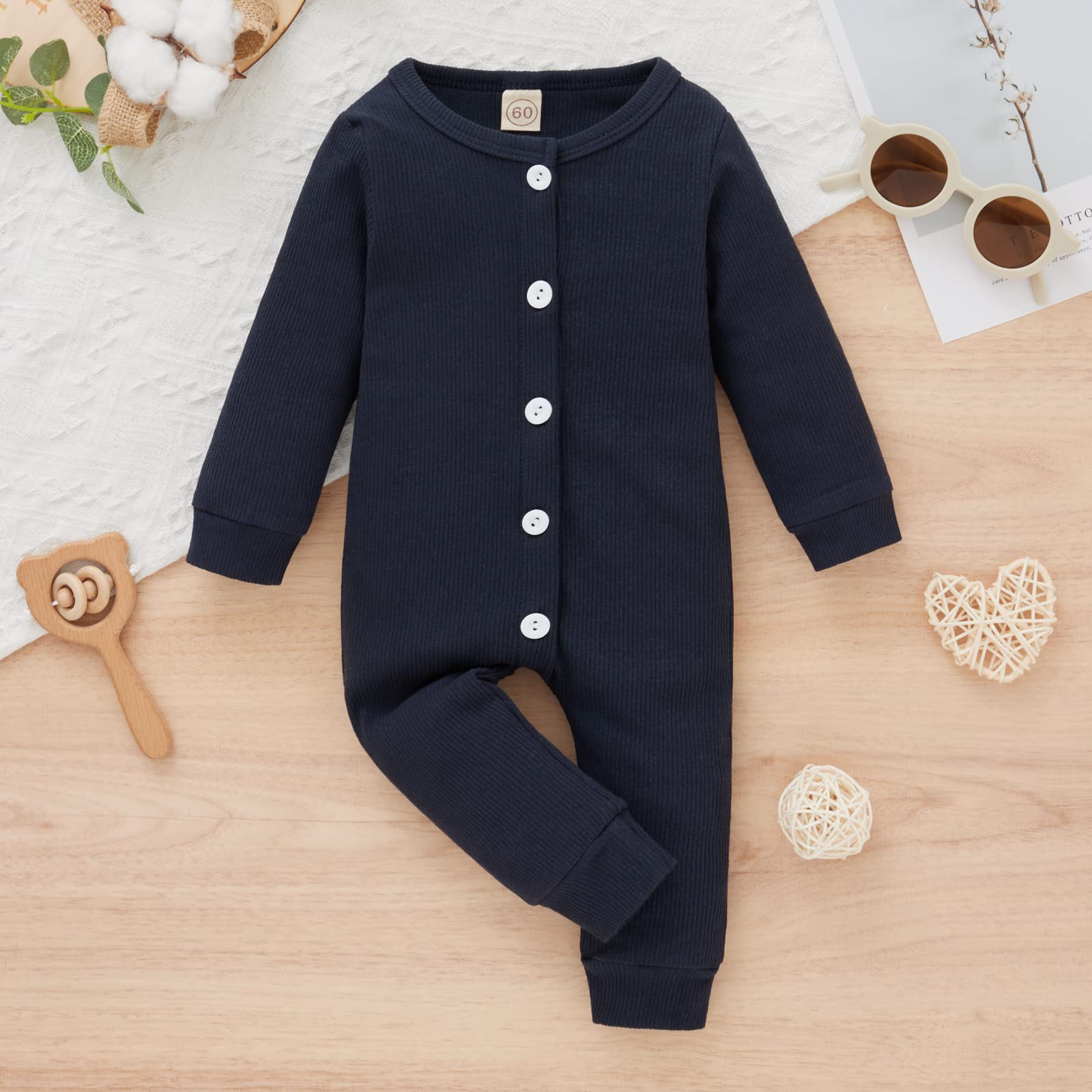 Newborn Baby Girl Boys Long Sleeve Romper Infant Cotton Clothes Toddler Jumpsuit Snap Bodysuit Cute Outfits (Dark Blue Button Rompers, 18-24 Months)
