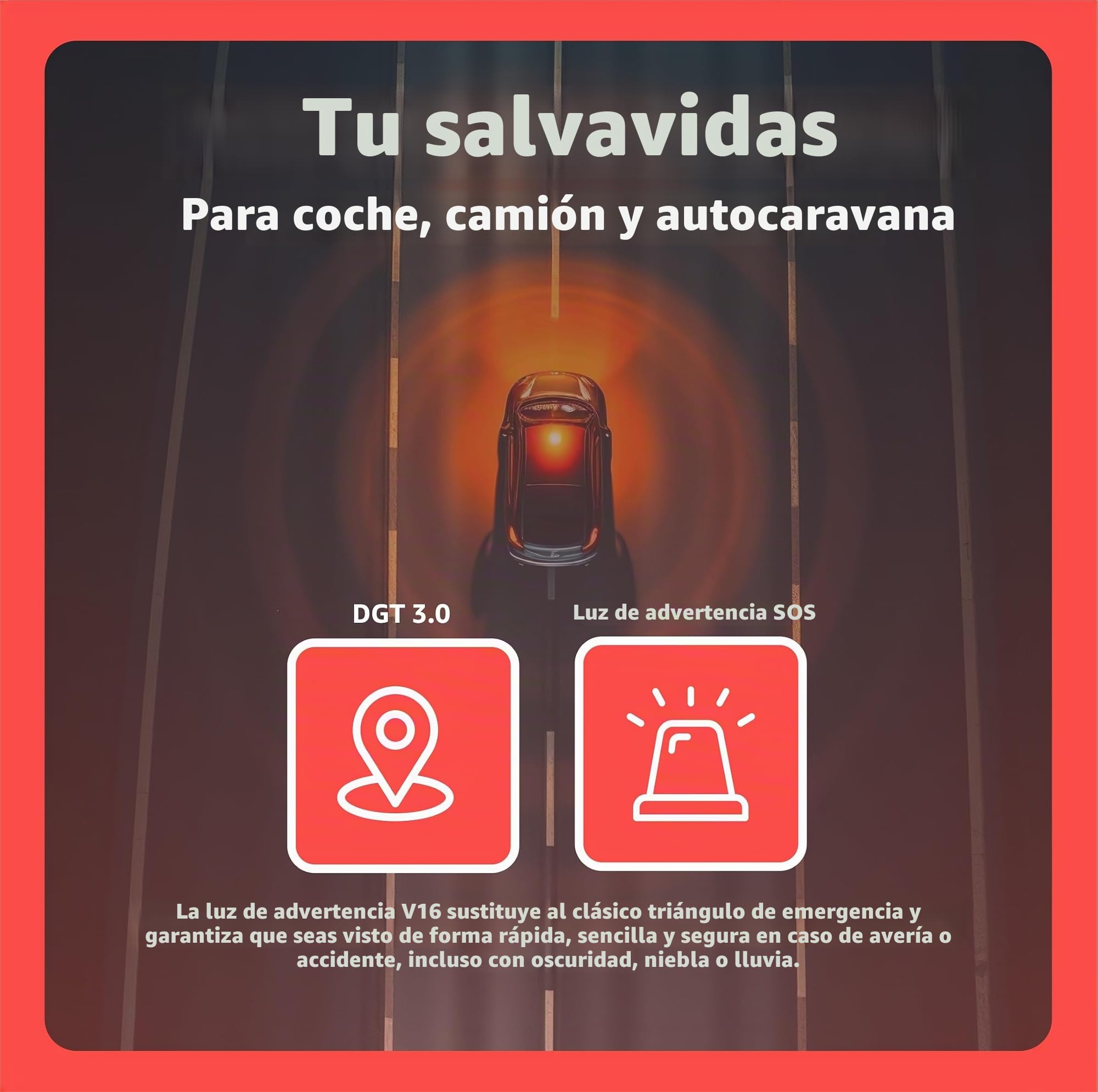 V16 Luz de advertencia - IDADA 21020060 - Triángulo de advertencia y triángulo de avería - Homologación UE 2026 - Coche y motocicleta (V16 luz de advertencia con SIM y DGT 3.0)