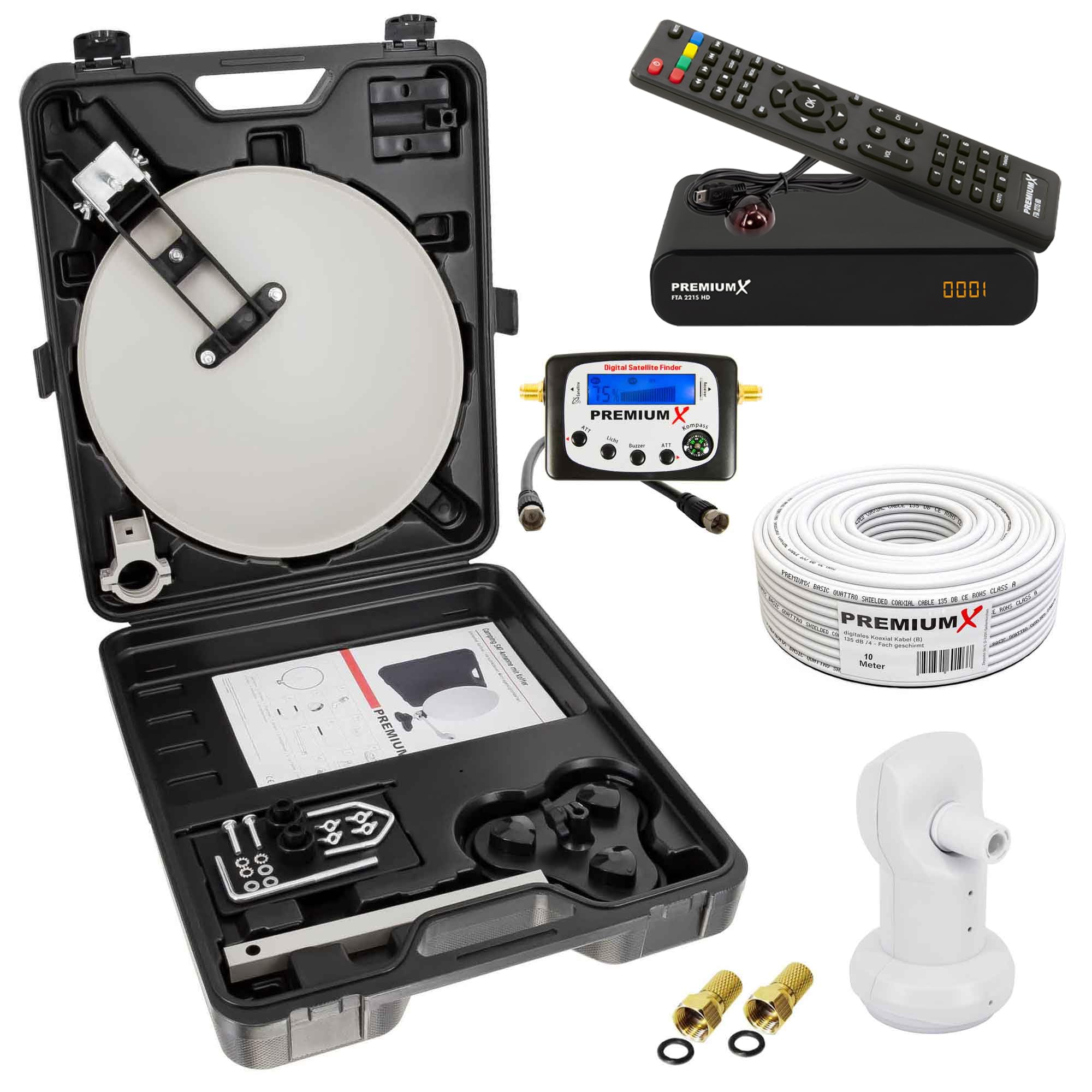 PremiumX Camping SAT Anlage komplett HD TV Receiver Satelliten-Finder Single LNB 10m Kabel F-Stecker kompakt im Koffer Camp-Zubehör