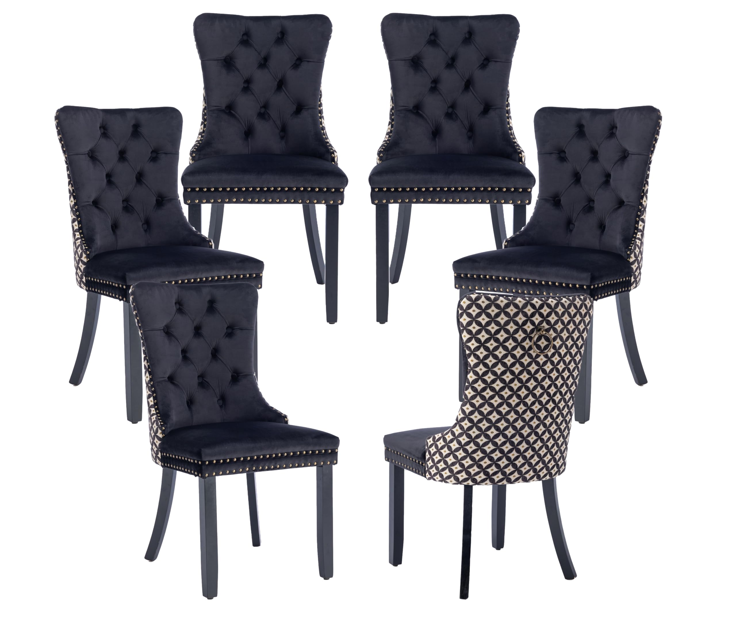 LKTART Tufted Dining Chairs Set of 6, Velvet Dining Room Chair with Nailhead Ring Pull Trim, Upholstered Dining Chair with Solid Wood Legs for Kitchen