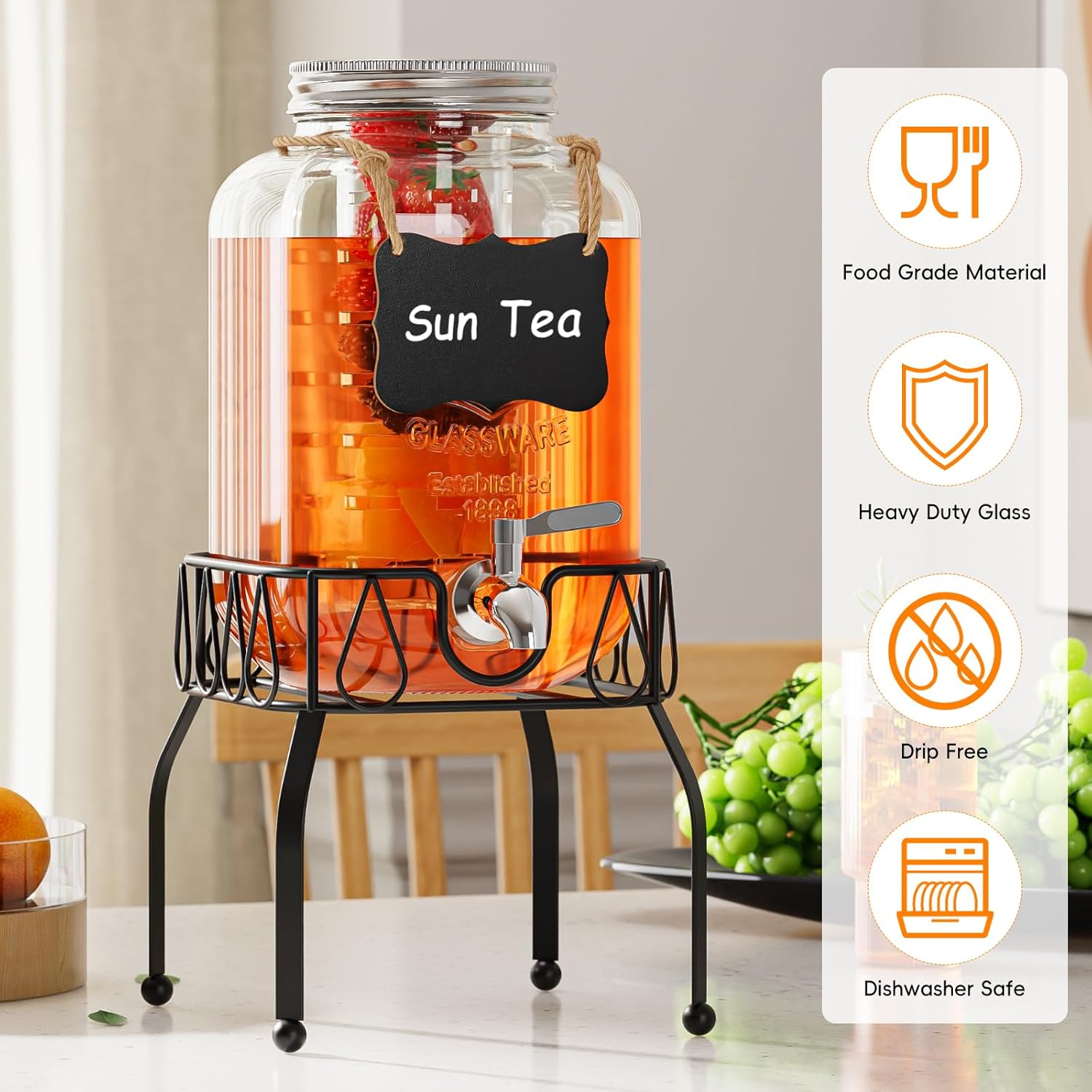 OneDream Glass Drink Dispenser for Parties, 1Gallon Beverage Dispenserd with Stand, Lemonade Dispenser with Stainless Steel Spigot and Fruit Infuser, Come with Ice Cylinder, Used as Sun Tea, Juice - Image 3