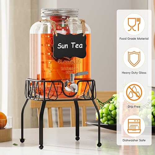 Miniatura 3 de OneDream Dispensador de bebidas de vidrio para fiestas, dispensador de bebidas de 1 galón con soporte, dispensador de limonada con espita de acero