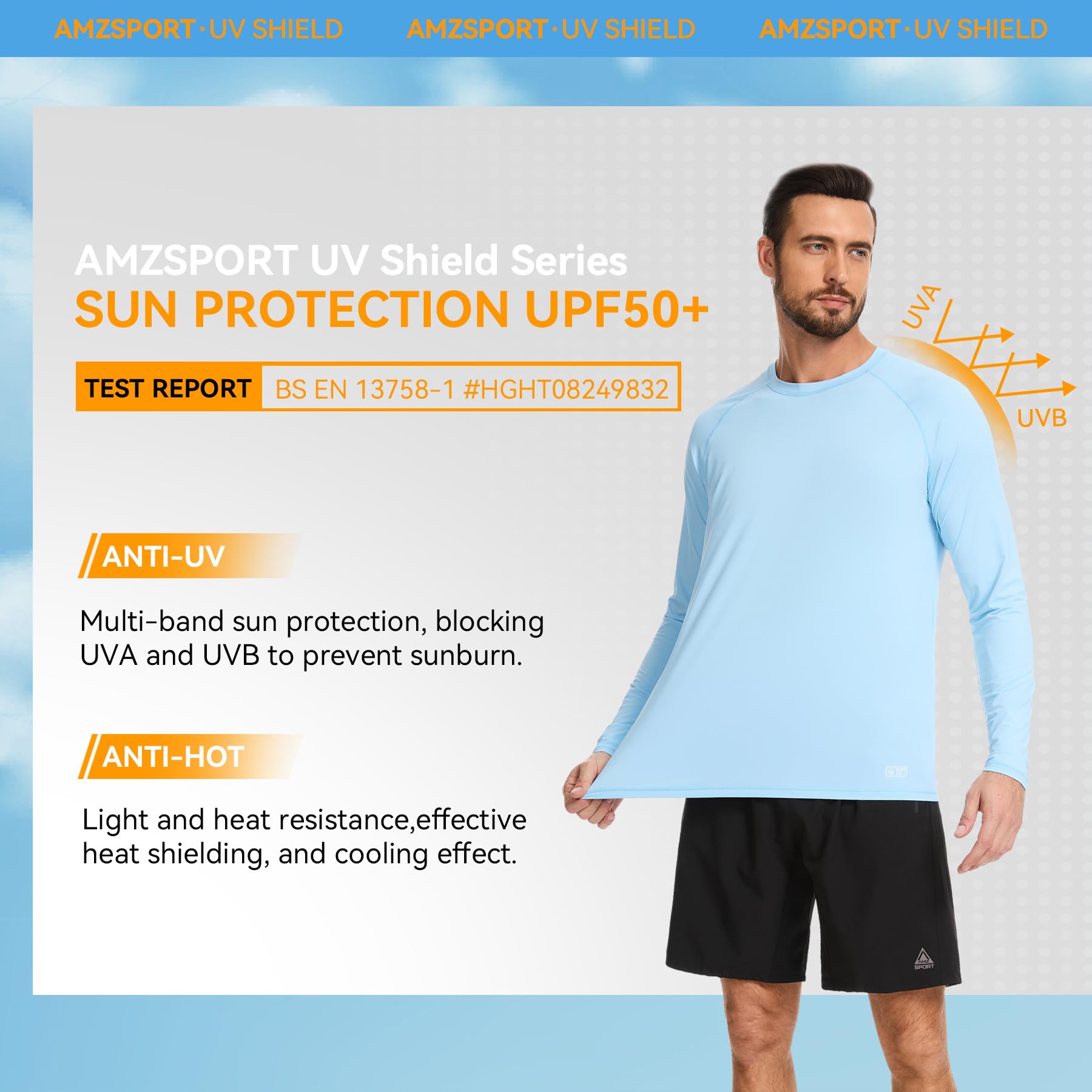 AMZSPORT Camiseta UV Hombre Rashguard UPF 50 Protección Solar Manga Larga Transpirable Secado Rápido para Pesca Surf Senderismo
