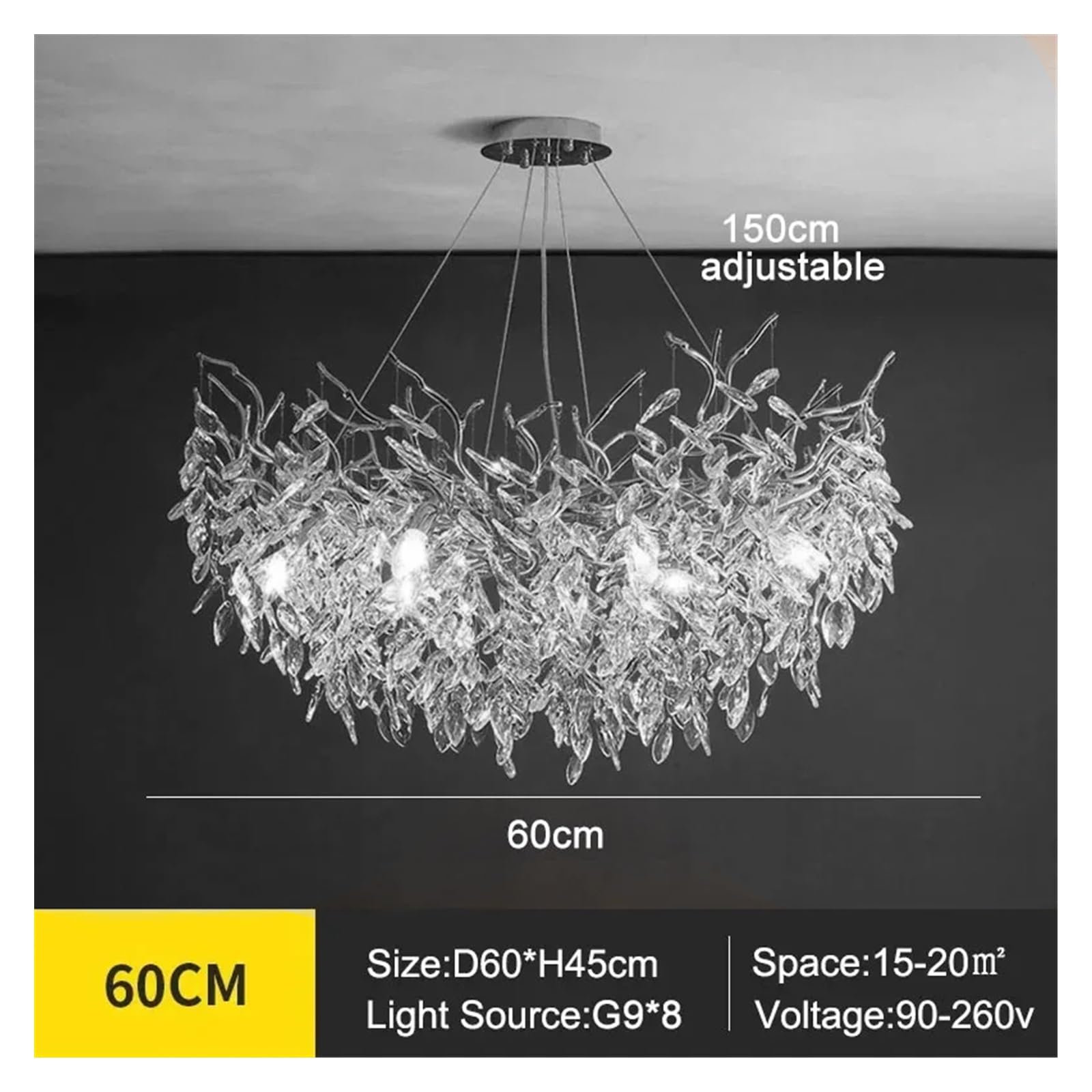 Nowoczesny luksusowy kryształowy żyrandol wiszący do jadalni, salonu, sypialni, dekoracji domu, srebrnego światła ściennego(okrągłe, 60 cm, 3 wymienne światła