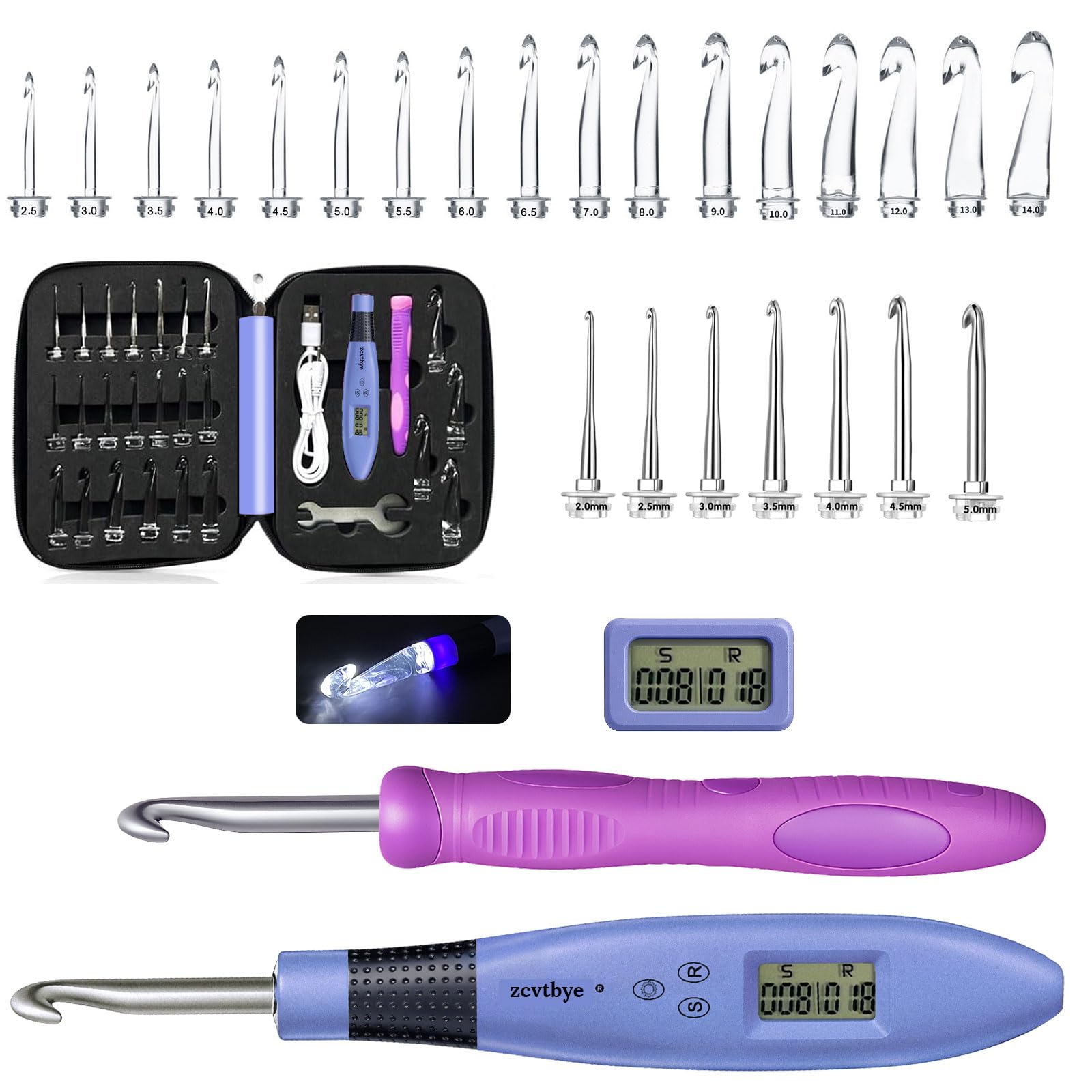 Beleuchtetes Digitale Häkelnadel Set 24 Größen Für Anfänger,2mm-14mm,Blau | Häkelnadeln Set Austauschbar,Stich- und Reihenzähler Stricken,Ergonomische Beleuchtete Häkelnadeln2.5,3.5,4,6,8