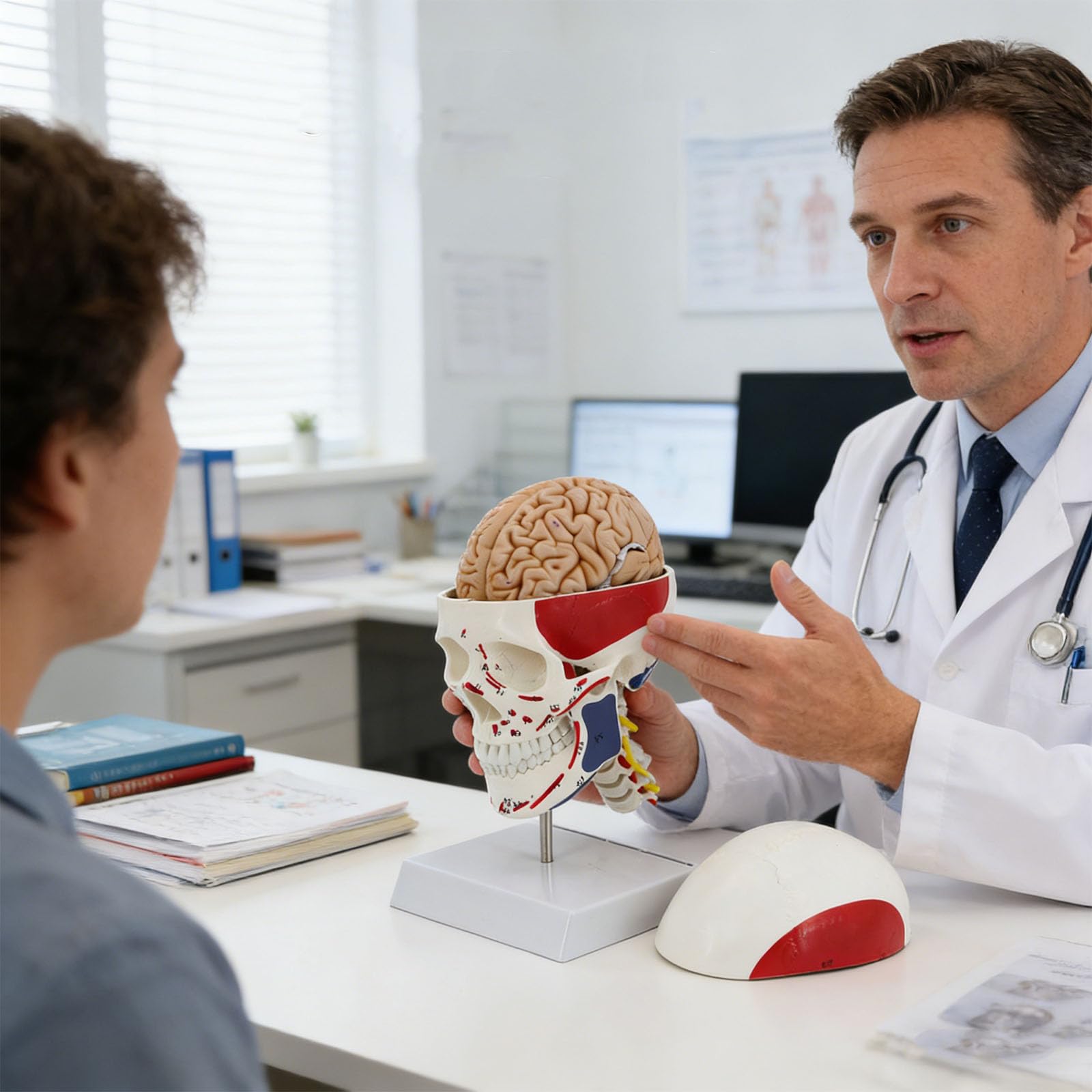 Cranio educativo in PVC con muscoli codificati a colori, ideale per studi scolastici, cranio con colonna vertebrale cervicale