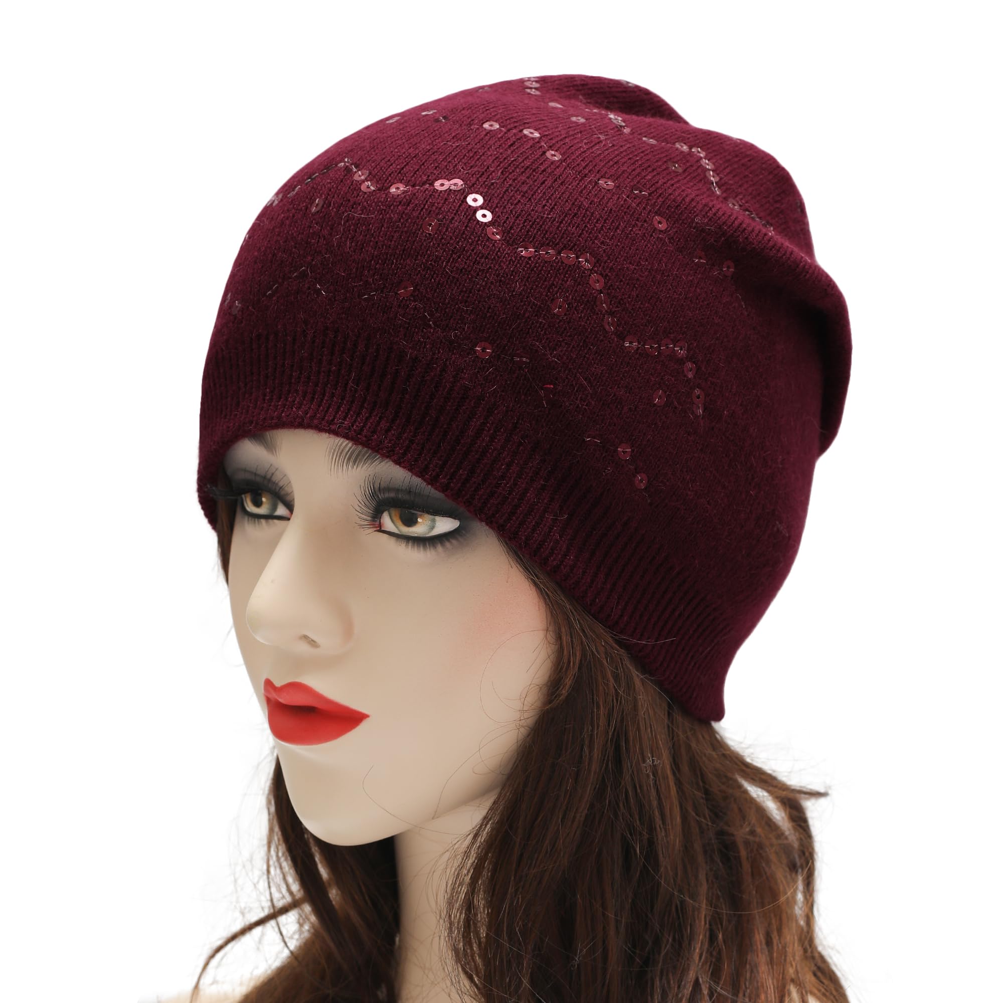 ZLYC Women Knit Slouchy Beanie Hats Soft Winter Stretch Skull Cap (Wavy-line Sequin Burgundy)