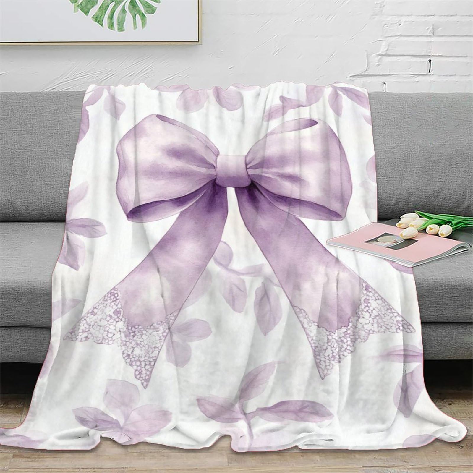 Couverture microfibre purple bow decor 150x200cm pour lit vintage
