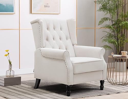 Miniatura 6 de Artechworks Silla moderna de tela con alas y brazos copetudos, sofá individual de lino con patas de madera, cómoda tapizada para lectura, sala de