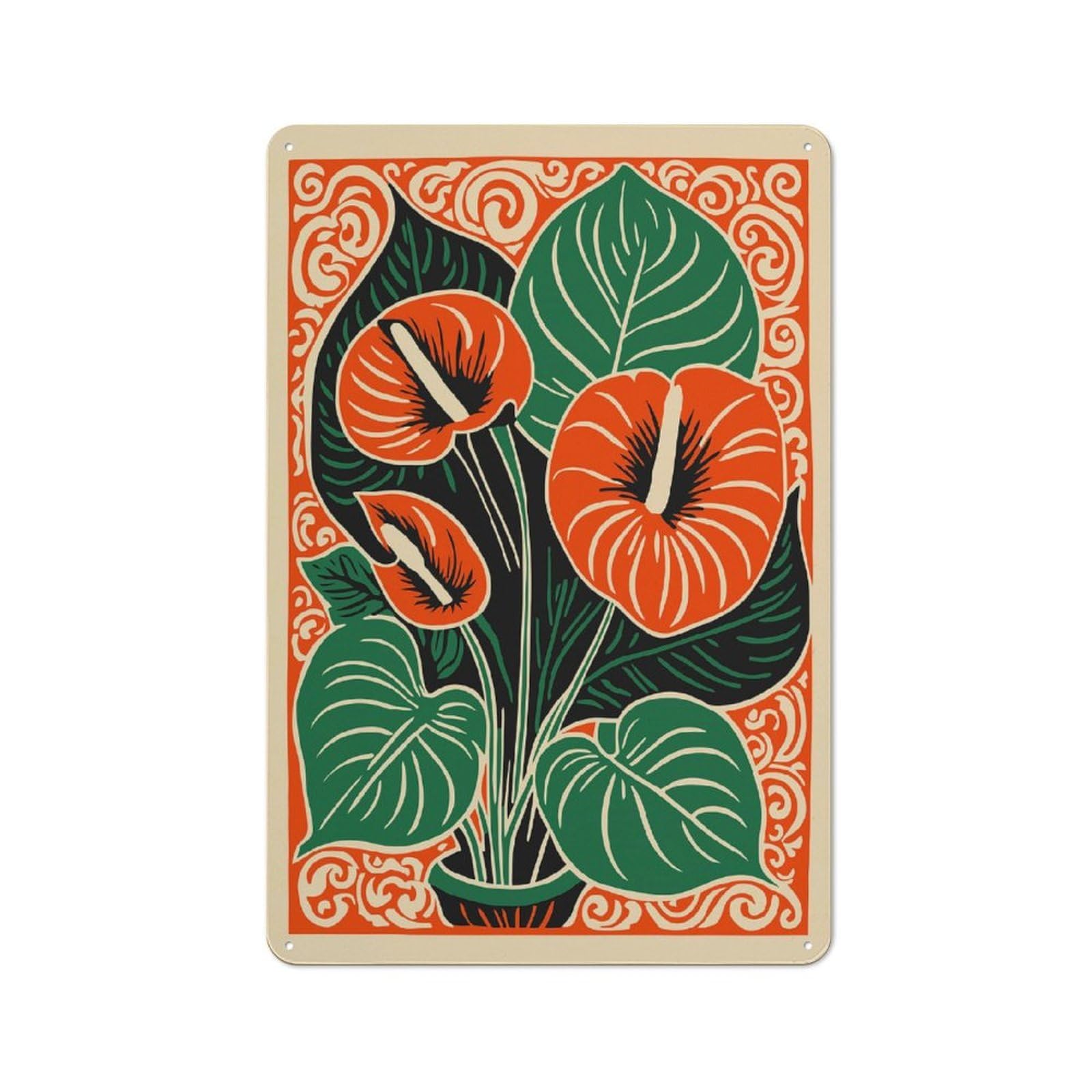 Junmoney Style-8 Tin Wall Plaque 30X20cm With Anthurium Plant Illustration For Studio Or Craft Room, Suited To Studio Decor Lovers
