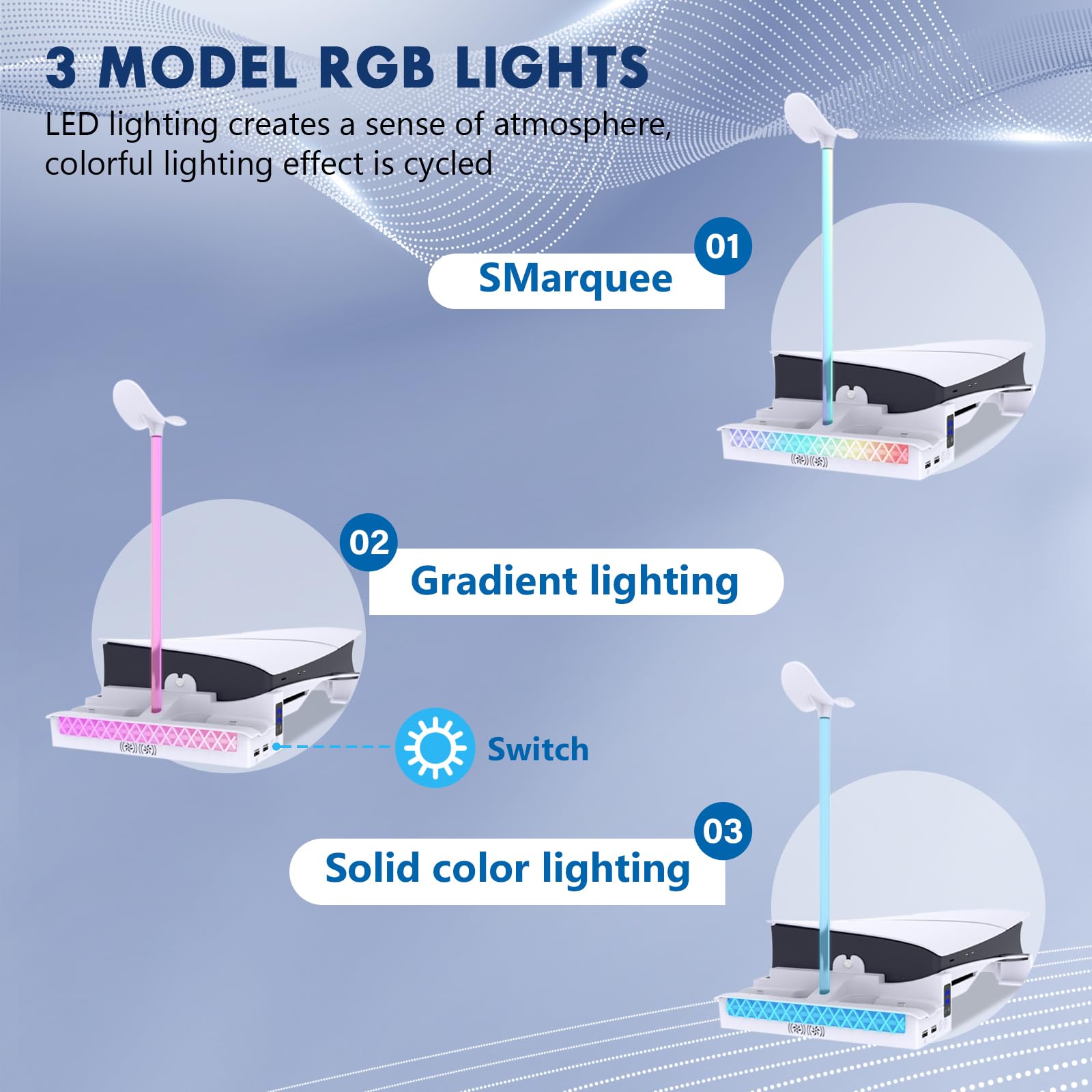 Sehawei Soporte para PS5 Slim/Pro con Ventilador de 2 Velocidades, Cargador para Mando PS5 con Luz LED, Soporte PS5 Horizontal con 2 Puertos USB y Holder Headphone para PS5 Slim (No para P5 2020)