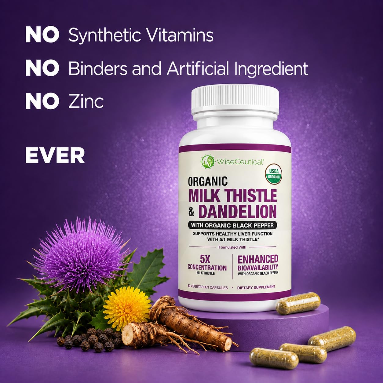 Max Absorption USDA Organic Milk Thistle Potent 5:1 Concentrated Extract (2000mg Strength) & Organic Dandelion Root | Silymarin Antioxidant Flavonoid | Liver Support Supplement (60 Count (Pack of 1)) — Amazon image 5