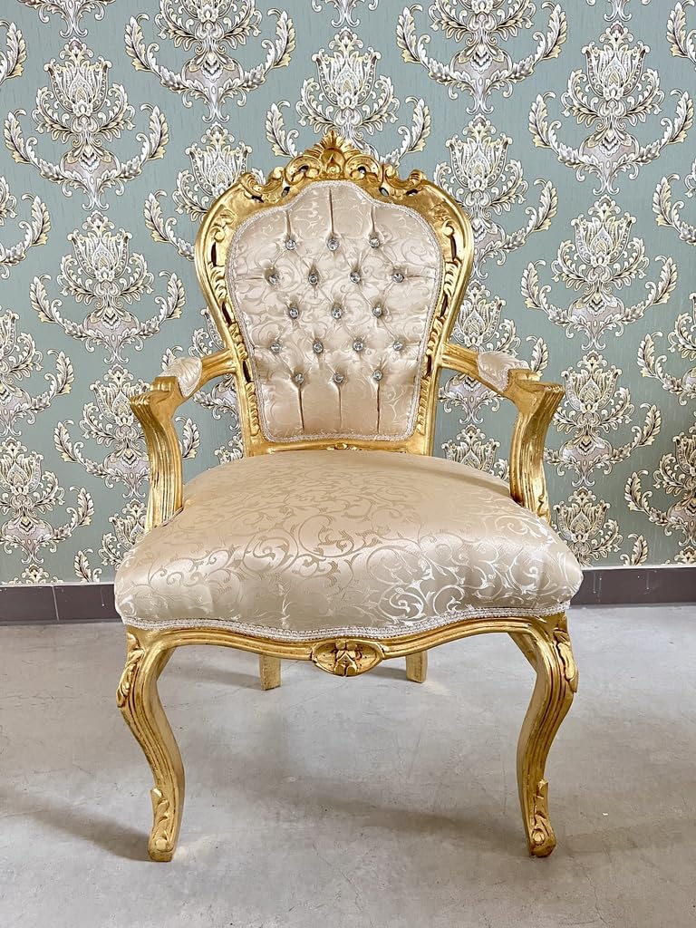 Fauteuil French Louis Style en beige brillant, style baroque, rococo antique, reproduction de la chaise en finition dorée pour la décoration de la maison ou de la boutique