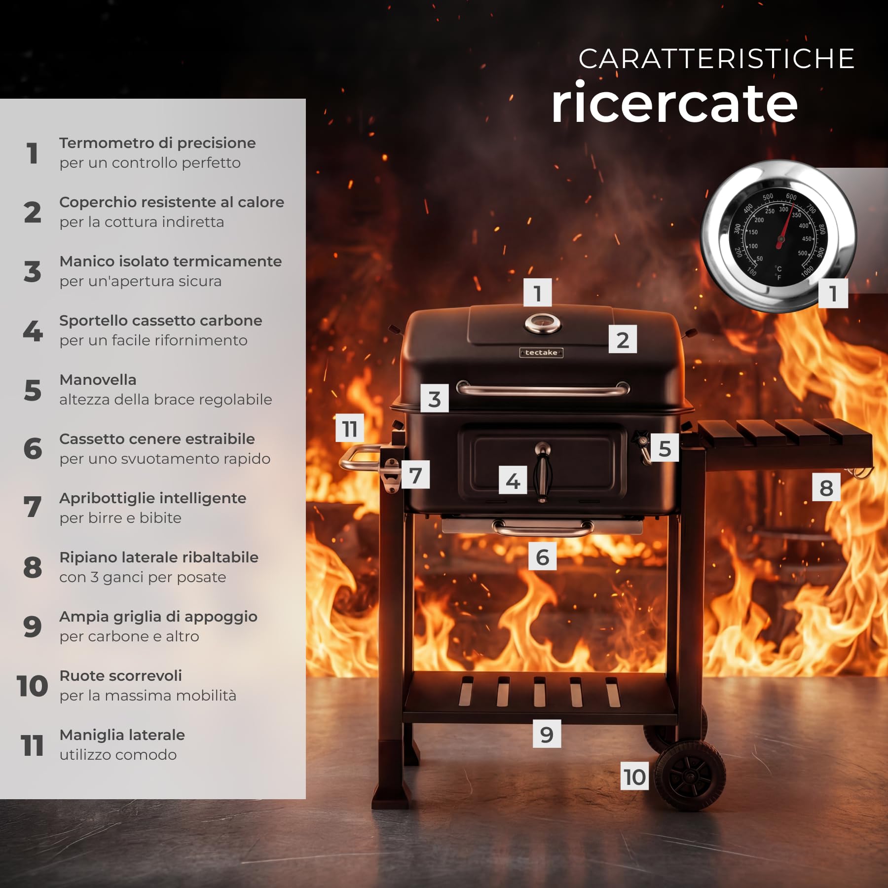 Tectake Barbecue Carbonella Portatile 110x64x104 cm Griglia Acciaio 3 Ganci 2 Ruote Cassetto Carbone Termometro Coperchio Nero
