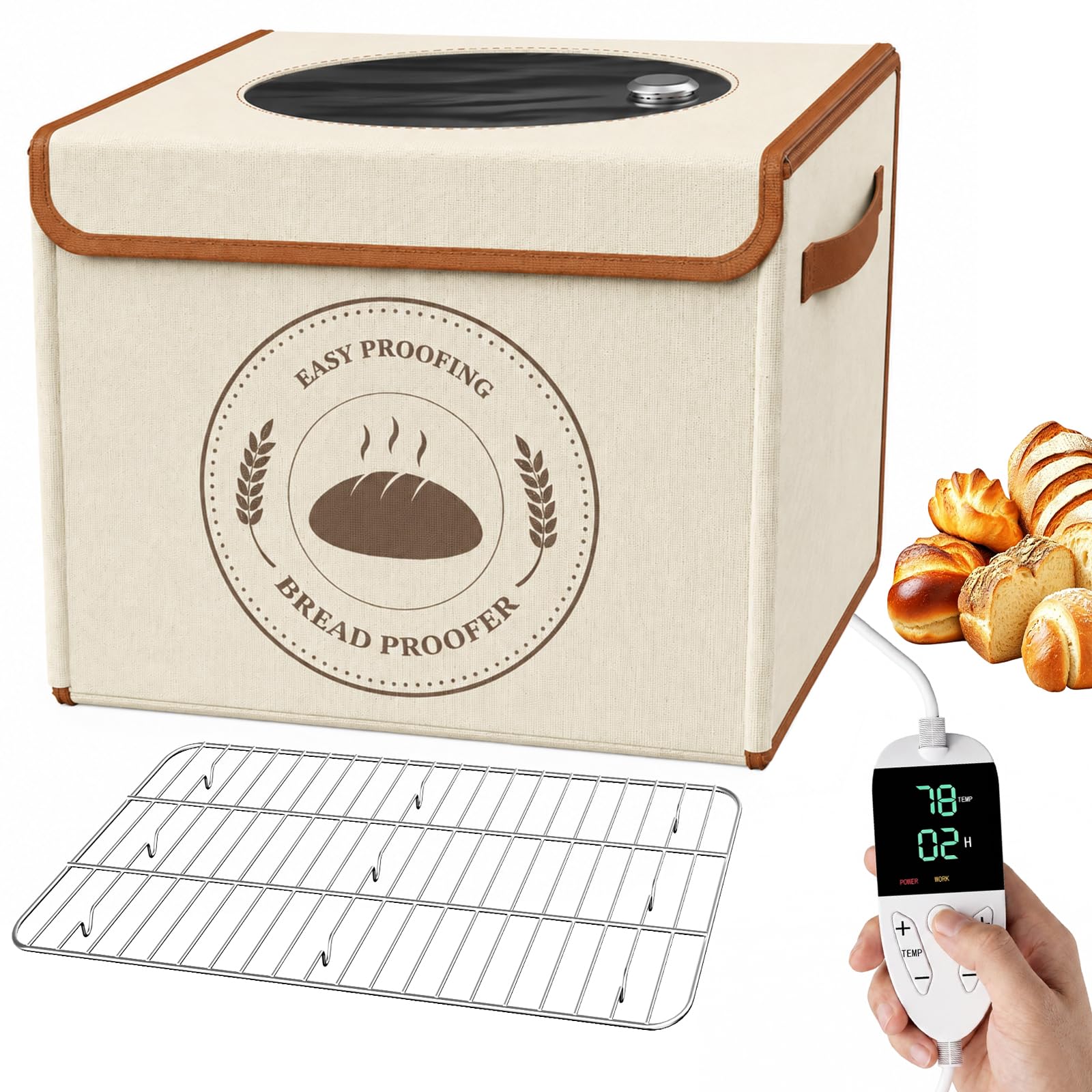 Boîte de fermentation pliable avec réglage de la température de 21 à 50 °C et minuterie de 24 h, boîte de fermentation avec étagère en métal et hygromètre, idéale pour la pâte à sure, le pain, la