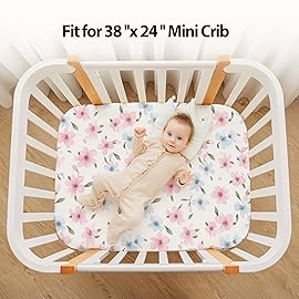 FIEMOL Baby Mini Crib Sheets Girl, Portable 38x26 Pack and Play Sheets Fitted for Playard and Pack N Play Mattress, 3-Pack Soft Microfiber Pink Butterfly Flower
