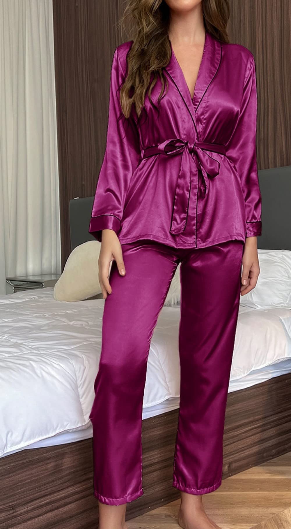 Ensembles De Pyjama Femme,Violet Revers Cravate Taille Femmes Polyester Pyjama Ensemble Femmes Doux Élégant À Manches Longues Pyjama Deux Pièces Ensemble Festival Cadeau pour Soeurs Femme P