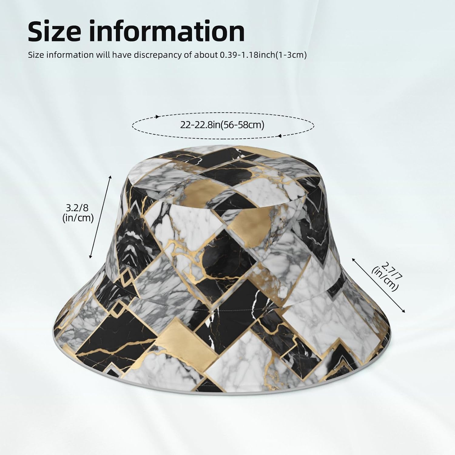 (Black Marble Texture Gold) Reflective Reversible Bucket Hat Foldable Breathable Stylish Two-Way Wear for Outdoor Travel Daily Activities