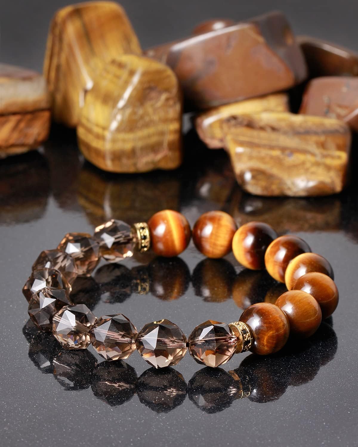 Jewever Natural Smoky Quartz with Yellow Tiger Eye Bracelets for Men Women Amulet Energy Healing Crystals Bring Wealth Prosperity Lucky Men's Luxury Bracelet Jewelry Gifts Unisex
