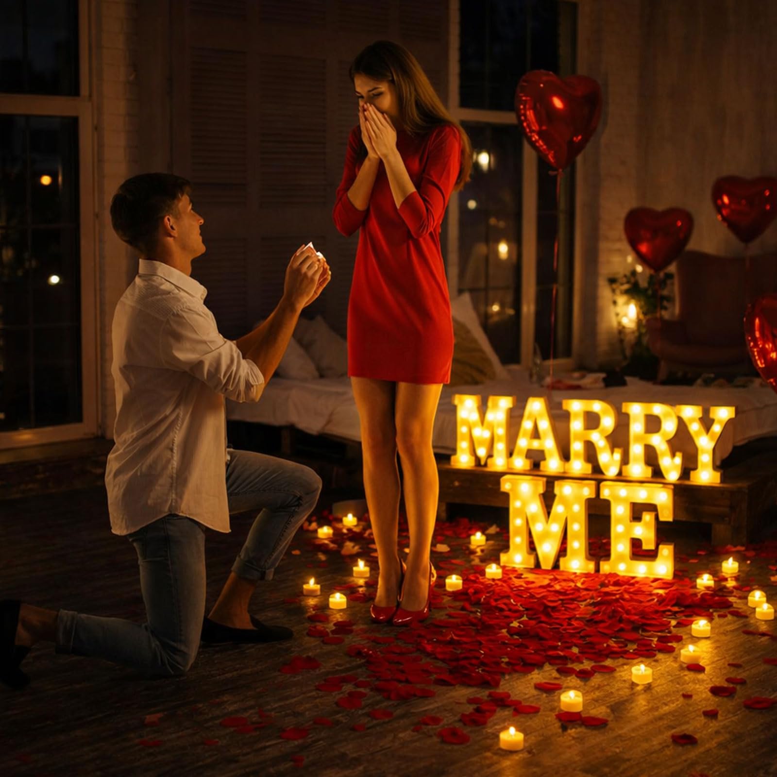 MeYuxg 2031 Stück MARRY ME Leuchtbuchstaben LED-Schild, MARRY ME-Schild mit 24 flammenlosen Herzkerzen, 2000 Rosenblättern für Heiratsantrag, Valentinstag, Verlobung, Hochzeit