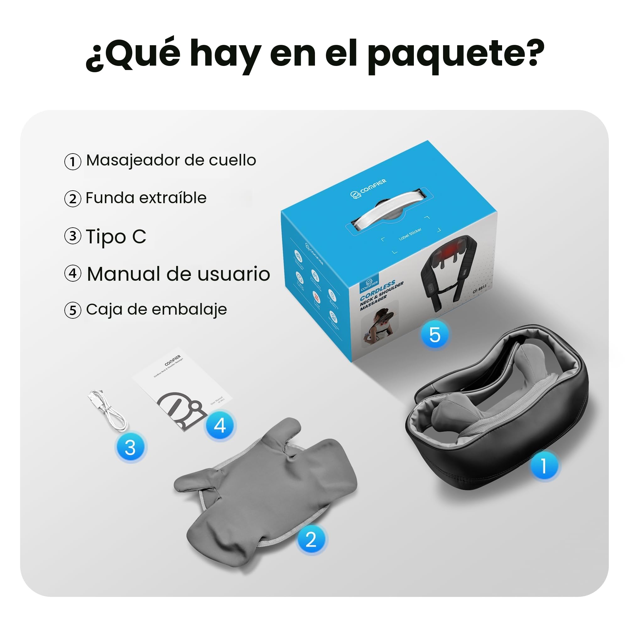 COMFIER Masajeador de cuello 6D, inalámbrico de hombros y cuello con 2 niveles de calor, funda lavable, masaje de amasado profundo, regalos para mamá y papá