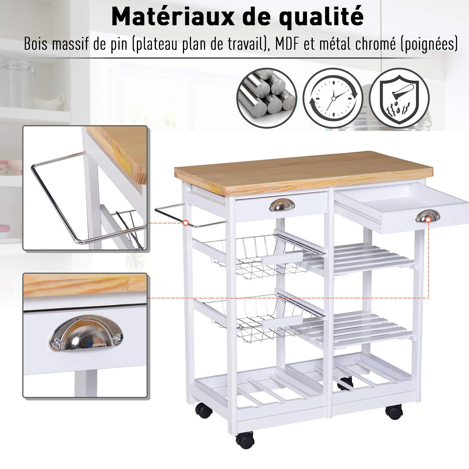 Chariot de service desserte de cuisine à roulettes multi-rangements 74L x 37l x 76H cm plateau bois massif pin châssis MDF blanc