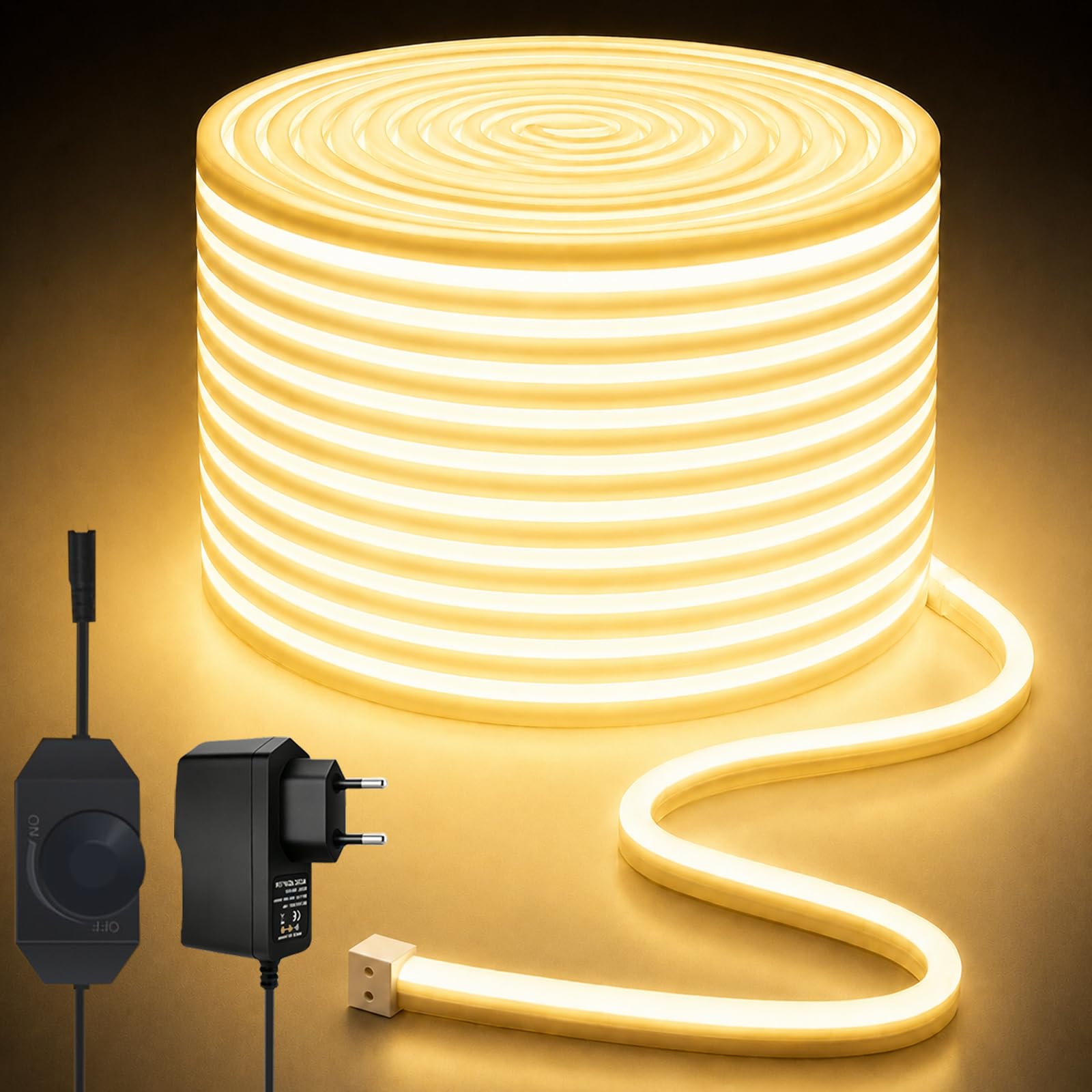 Neon-Lichterketten, 15 m, 3000 K, warmweiß, dimmbare LED-Lichtbänder, 24 V, flexibel, zuschneidbar, IP65, wasserdicht, für Schlafzimmer, Innen- und Außenbereich