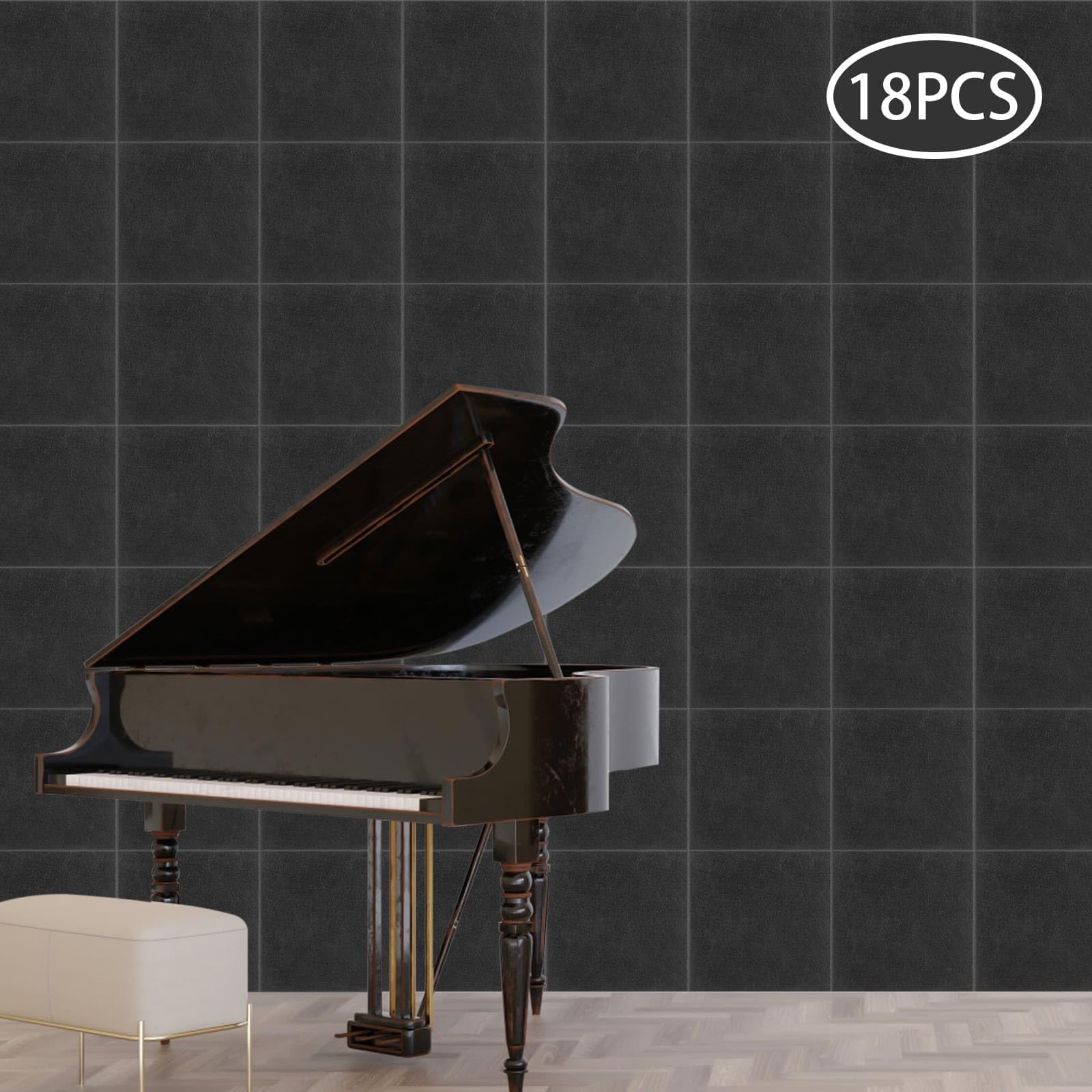 Lot de 18 Panneaux Acoustiques Carrées Auto-Adhésifs, Panneaux Muraux Phoniques en Polyester, Isolation Acoustique Haute Densité, Pour Salon, Bureau, Studio, 30 × 30 × 0,9 cm (Noir)