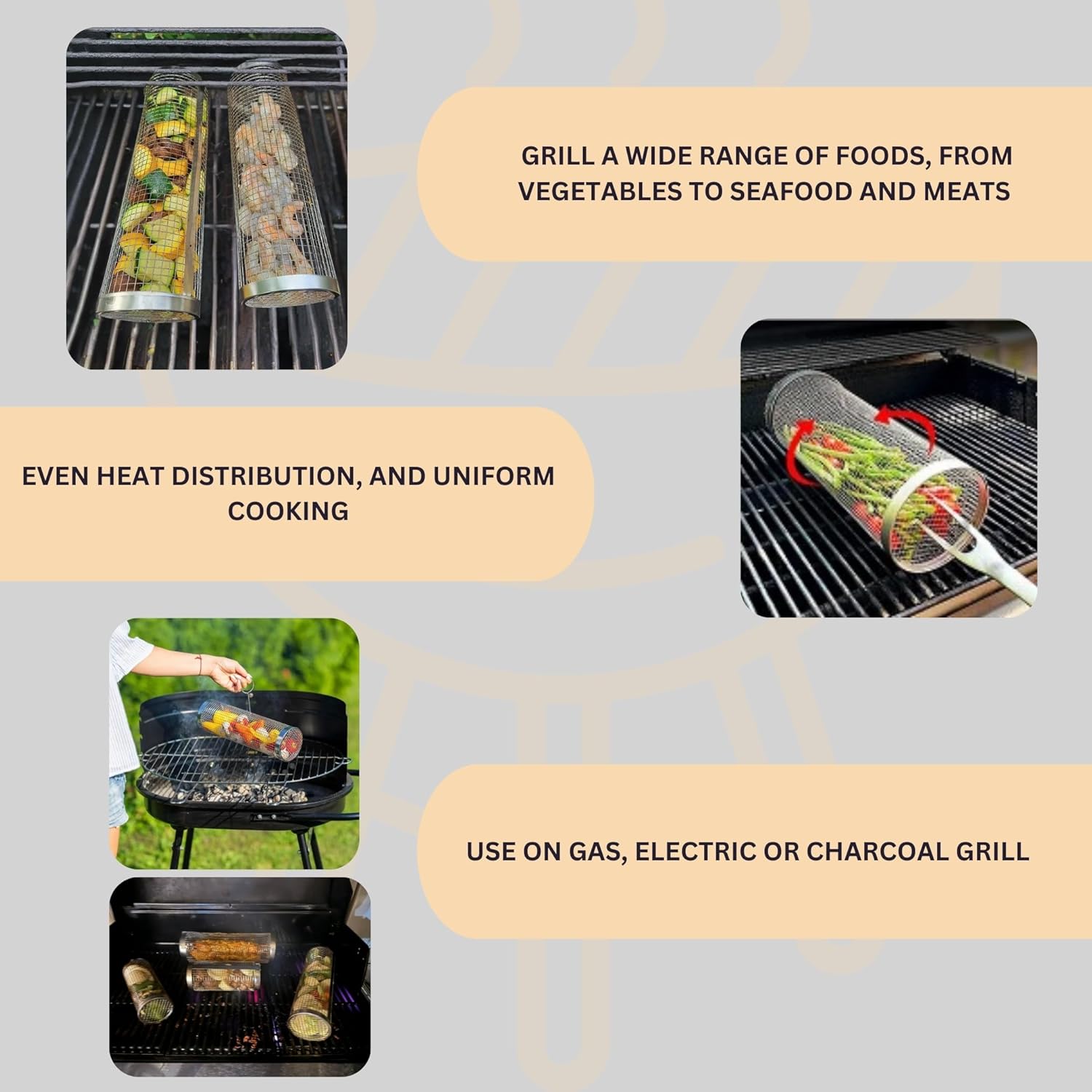 Rolling Grilling Basket for Outdoor Grilling - 2PCS - Stainless Steel BBQ Accessories for Outdoor Grill & Camping - Grill Baskets for Shrimp, Fish, Vegetable & Meat (1M1L) - Bundled with Oil Sprayer & Cleaning Brush