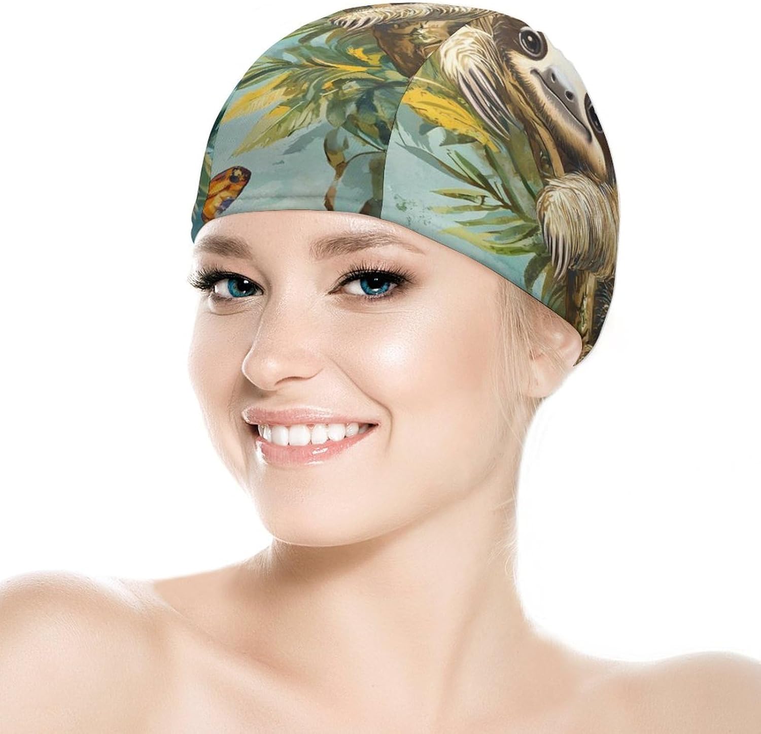 Sloth On A Tree Tropical Butterfly Womens Swim Cap for Men Adult Swimming Hat Curly Short Medium Long Hair