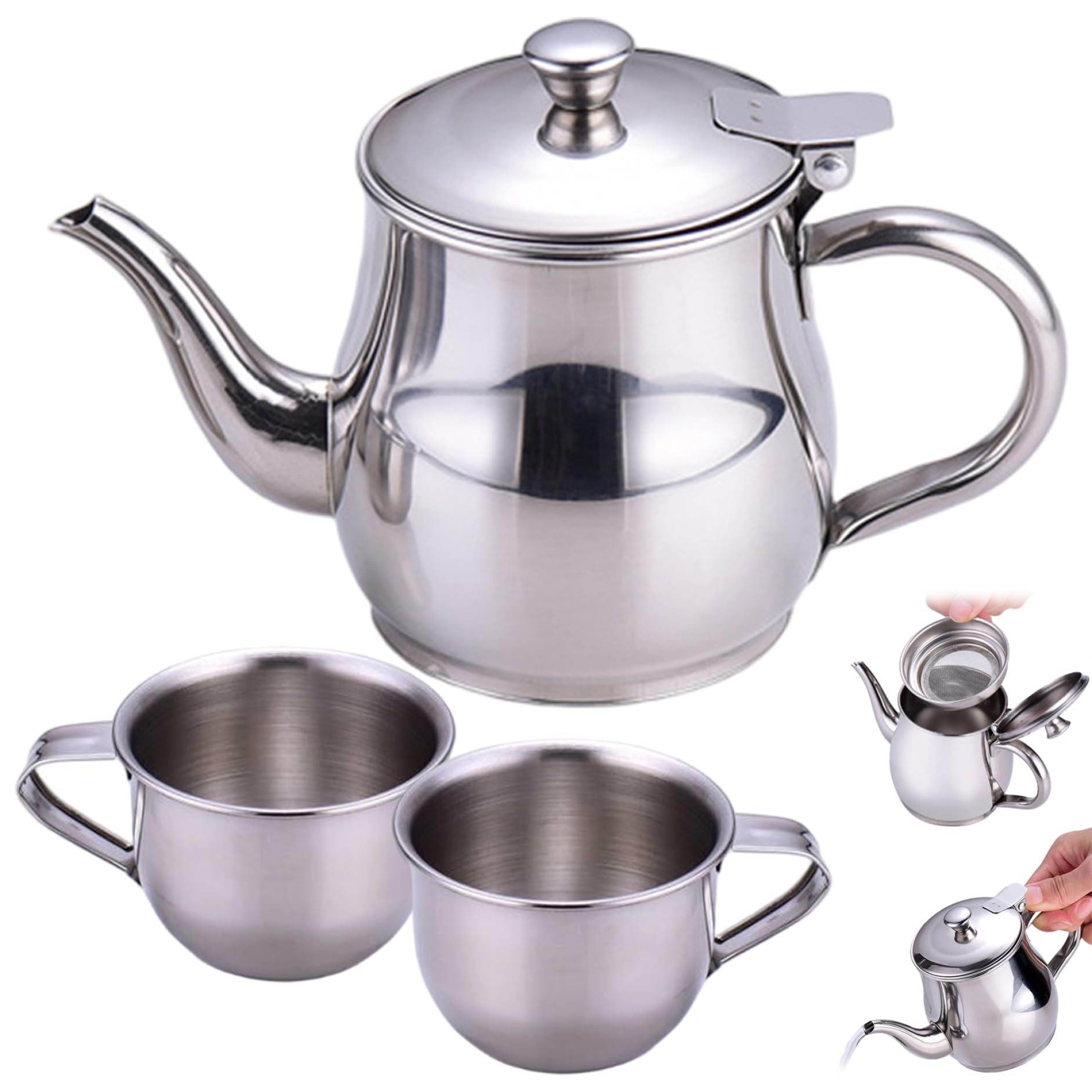 Yeaxxsqy Kids Tea Set Includes Portable 330ml Stainless Steel Long Spout Teapot with Filter Screen and 2 70ml Cups for Children