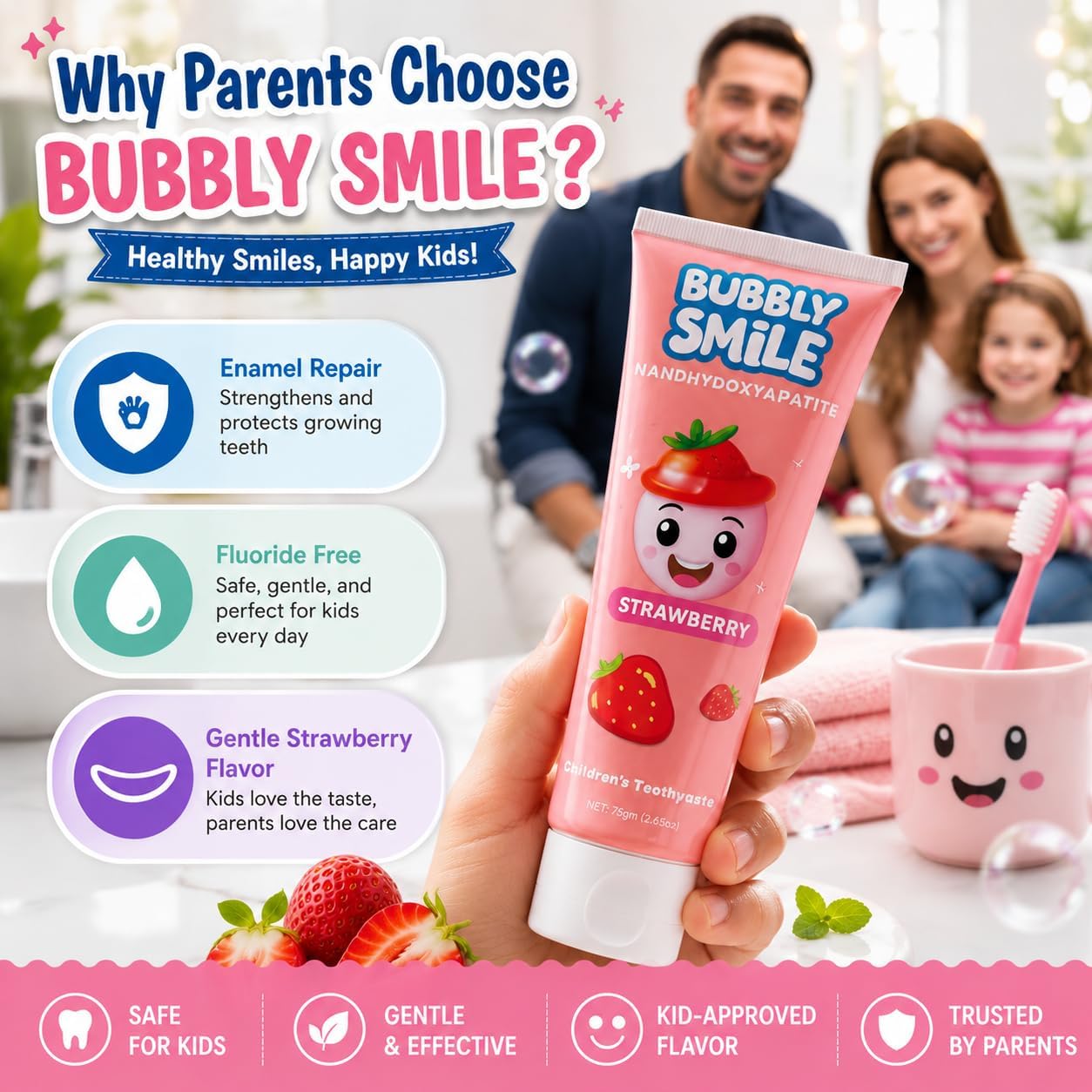 Bubbly Smile Kids Toothpaste Set - 2 Pack Nano Hydroxyapatite Toothpaste (5.3 Oz Total) + 1 Bonus Soft Toothbrush | Fluoride-Free | Glycerin Free | Strawberry Flavor | Enamel Remineralizing.