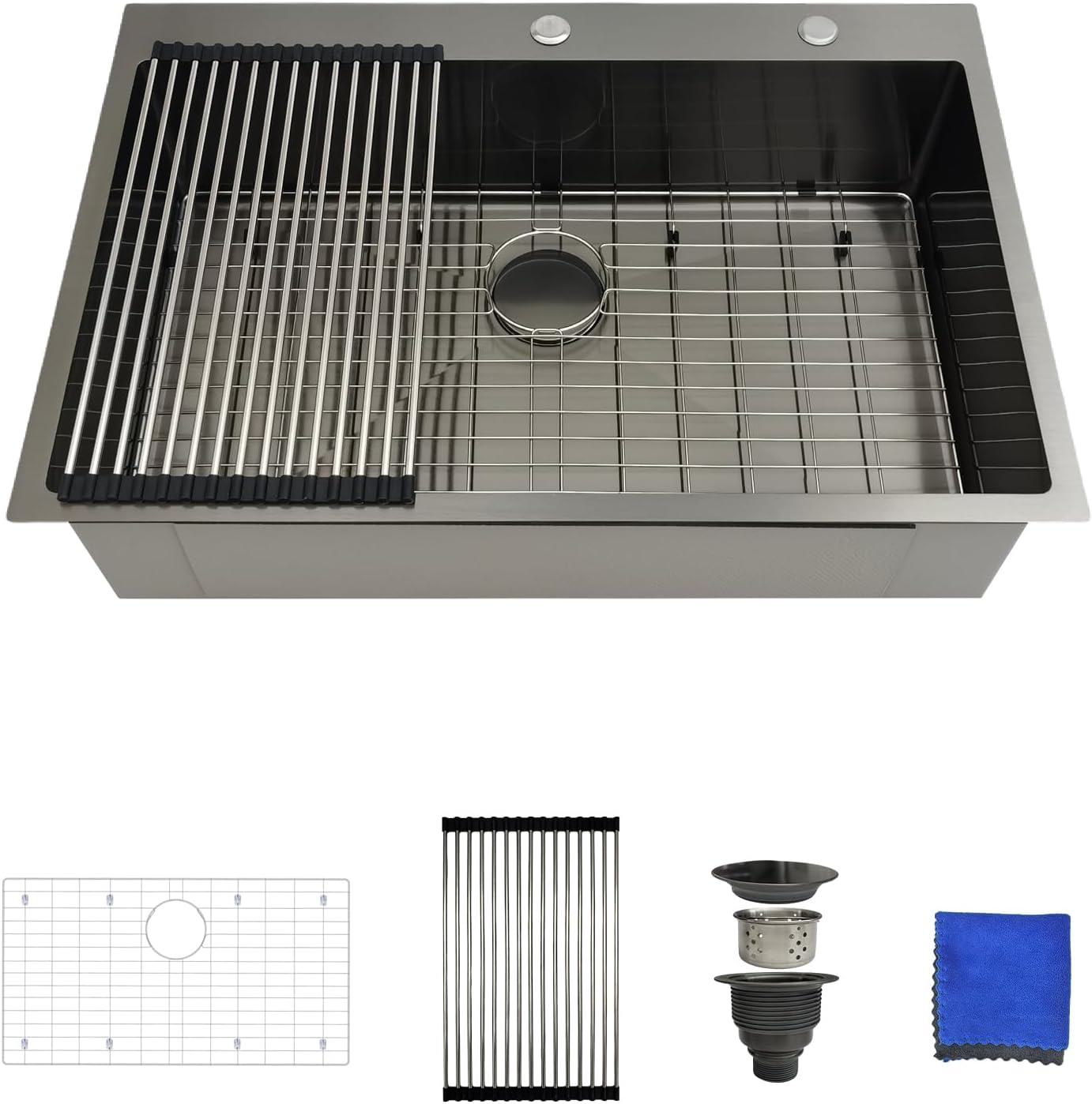 33-inch black drop-in kitchen sink - 33x22 single bowl, 16 gauge stainless steel top mount with 4 accessories gunmetal black 33x22x9 topmount pro