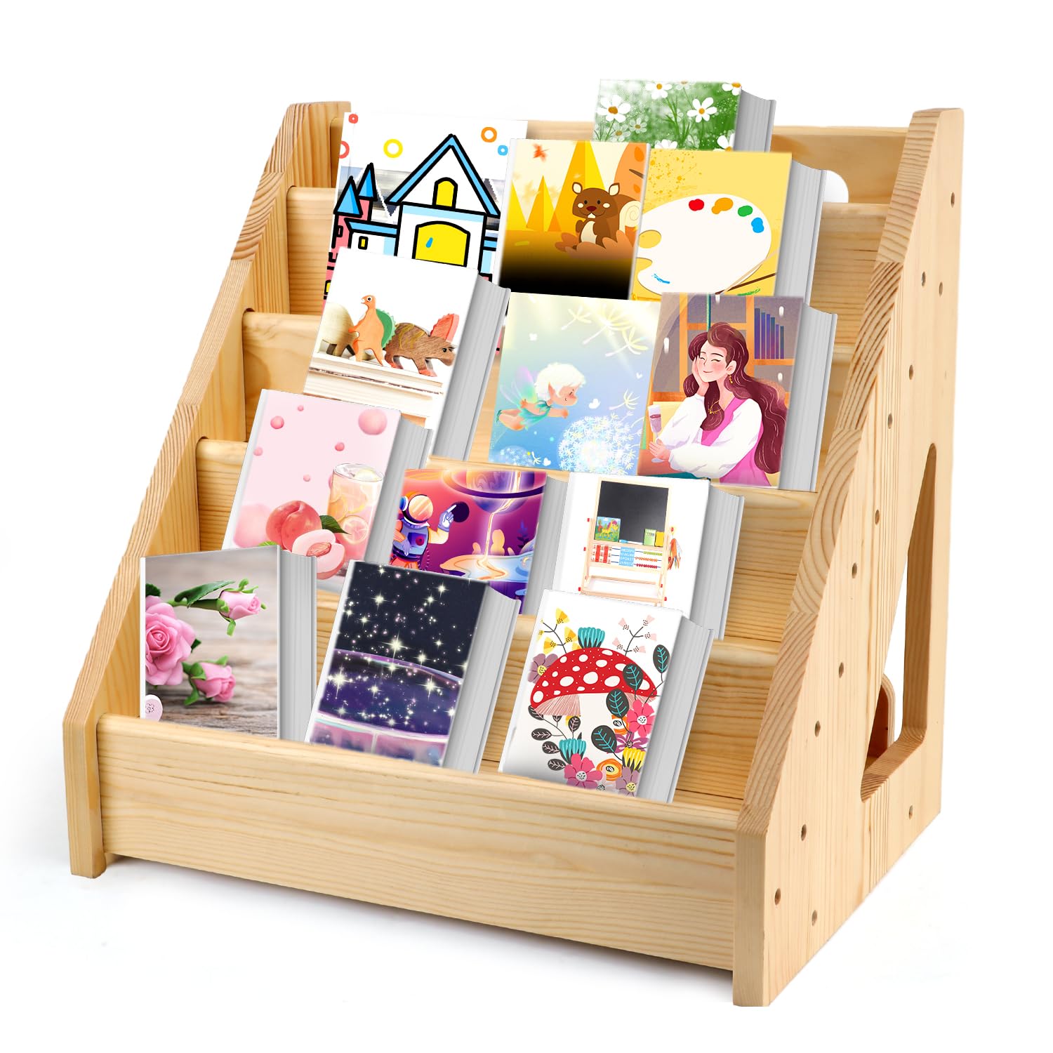 Estantería para Niños, Estantería Montessori Libros Frontal Estantería para Niños Revistero Expositor de Libros Organizador con Asa y Antiinclinación Muebles para Guardería Aula Dormitorio