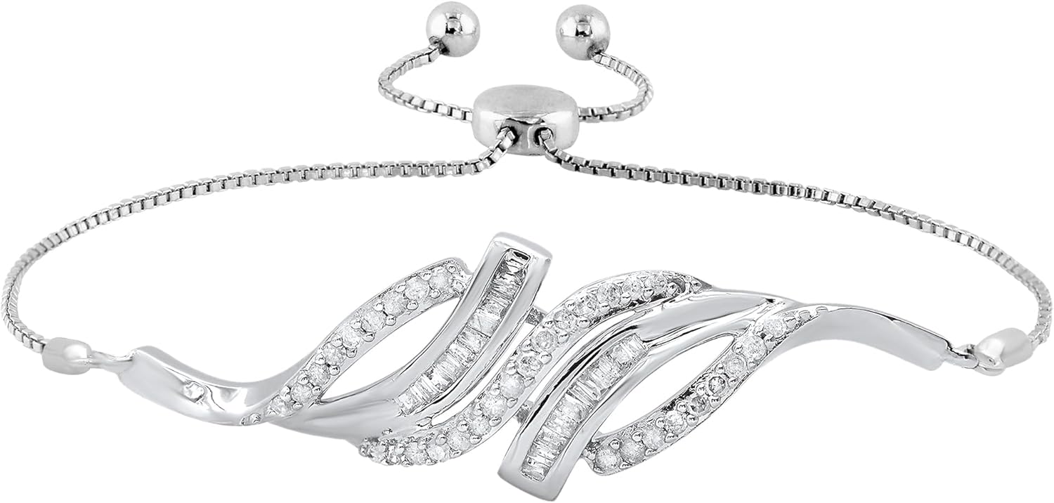 Dazzlingrock Collection 0.25 Carat Round & Baguette White Diamond Ladies Swirl Style Bolo Bracelet, Sterling Silver