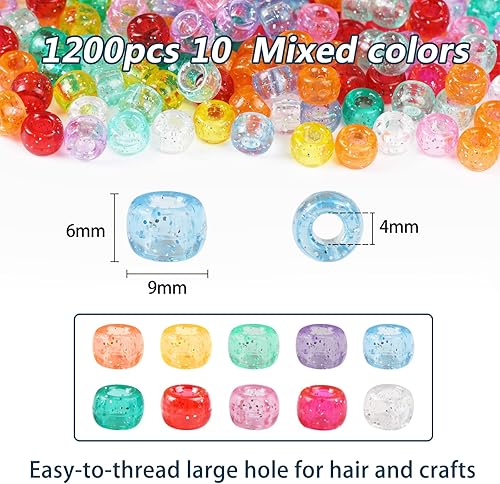 Miniatura 3 de 1200 cuentas de poni de plástico transparente con purpurina de 0.236 x 0.394 pulgadas, cuentas transparentes con purpurina brillante, 10 colores