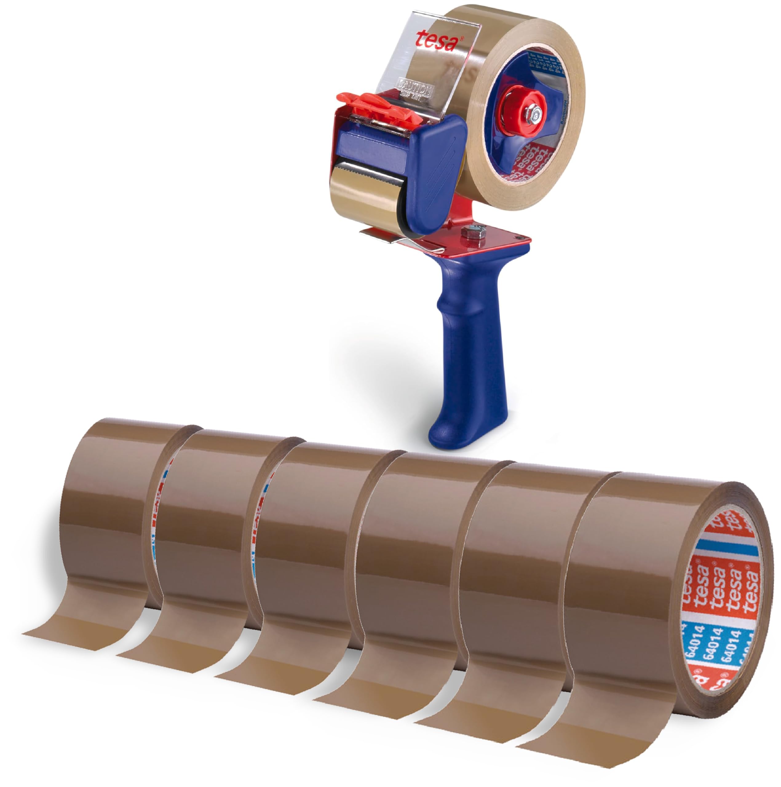 tesa tesapack Strong und Handabroller im Set mit 1 Rolle geräuscharmem Paketklebeband - Braun - 66 m x 50 mm (Handabroller + 6 Ersatzrollen, 66m:50mm)