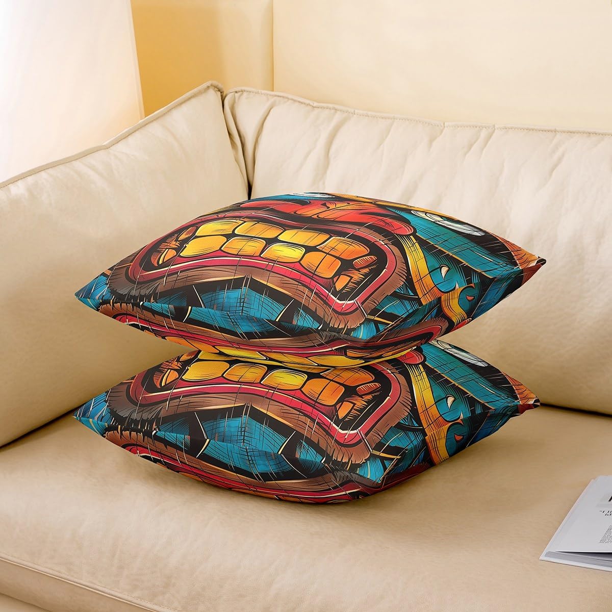 Erosebridal Tiki Bar Cushion Cases Happy Hawaiian Party Cushion Covers for Sofa Couch,Old Fashion Throw Pillow Covers Cute Colorful Tiki Pattern Decorative Accent Pillow Cases 24x24 Inch Set of 2