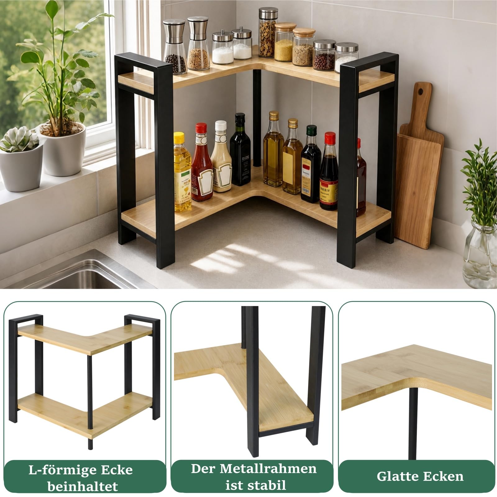 Estantería esquinera de cocina, encimera de 2 niveles, en forma de L, organizador para especias y utensilios de cocina, ahorra espacio y estable, 30 x 33 x 30 cm