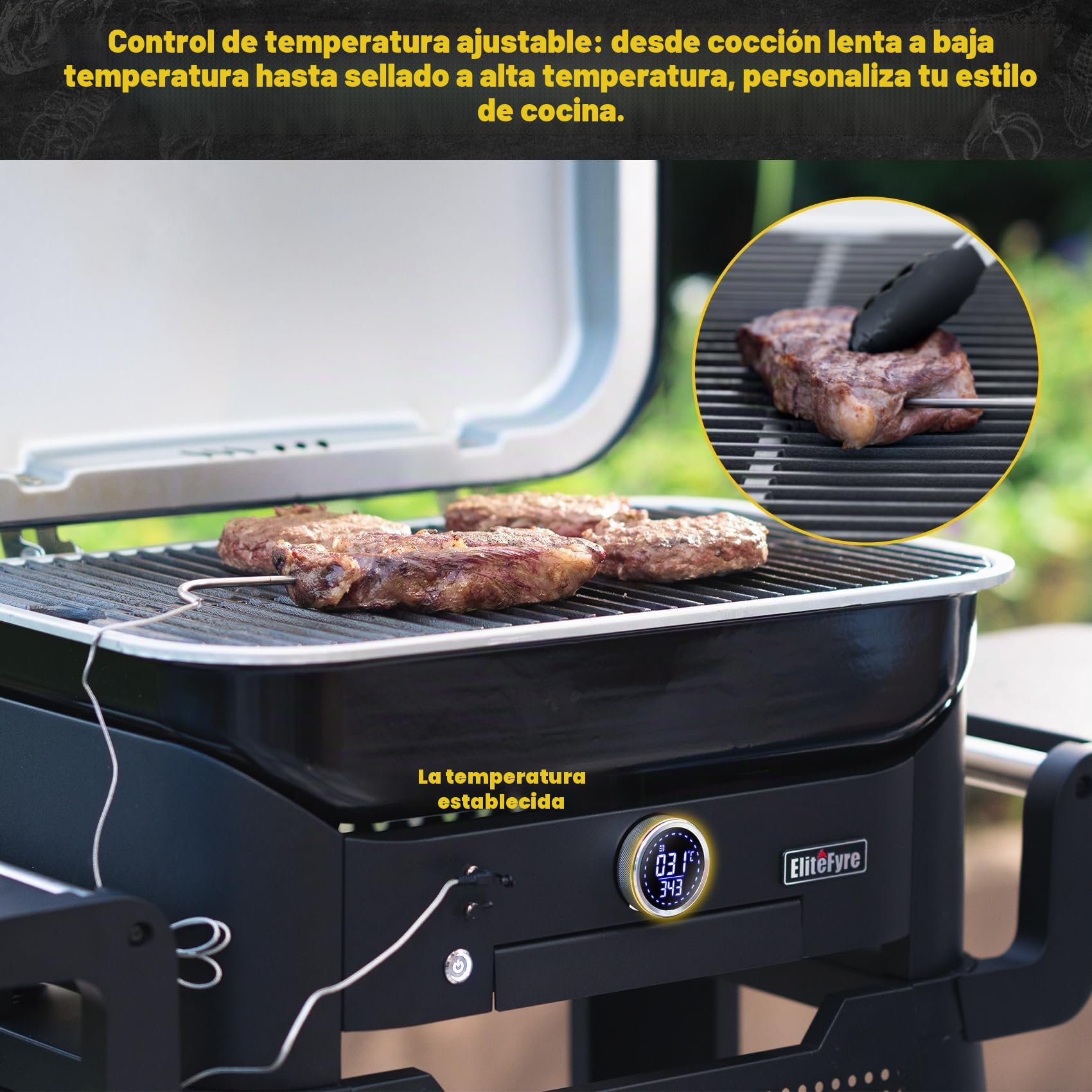 Volteq Smart Barbacoa Eléctrica, 343°C Potencia de Asador en 20 Min, Parrilla de Sobremesa con Sonda de Carne, 1720 cm², Multifunción 6 en 1 para Balcón y Terraza, Acabado Esmaltado